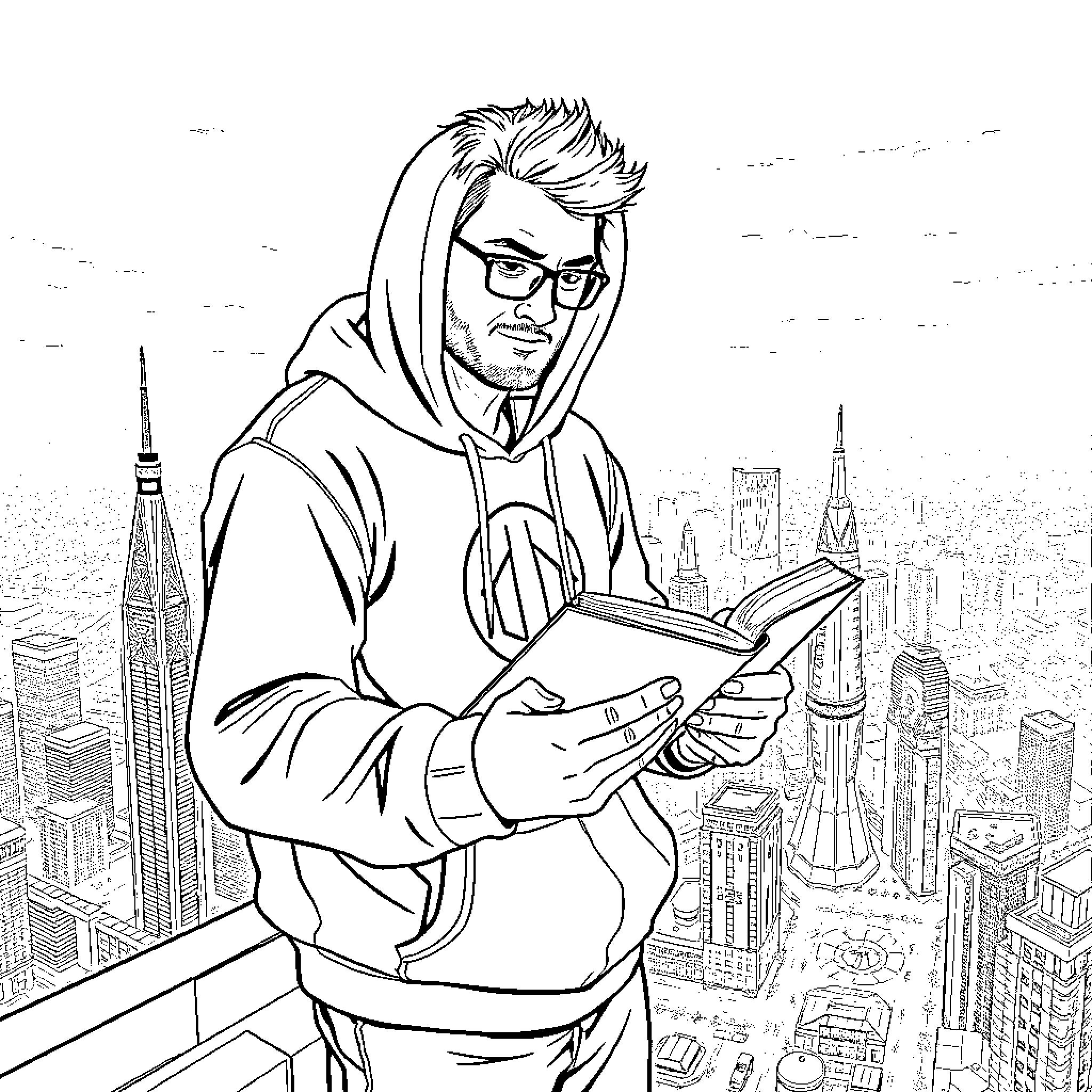 Bear reading a book on a city balcony Coloring Page (free black-and-white line drawing printable PDF for all, from beginners to advanced learners, including children, teens, adults, and seniors)