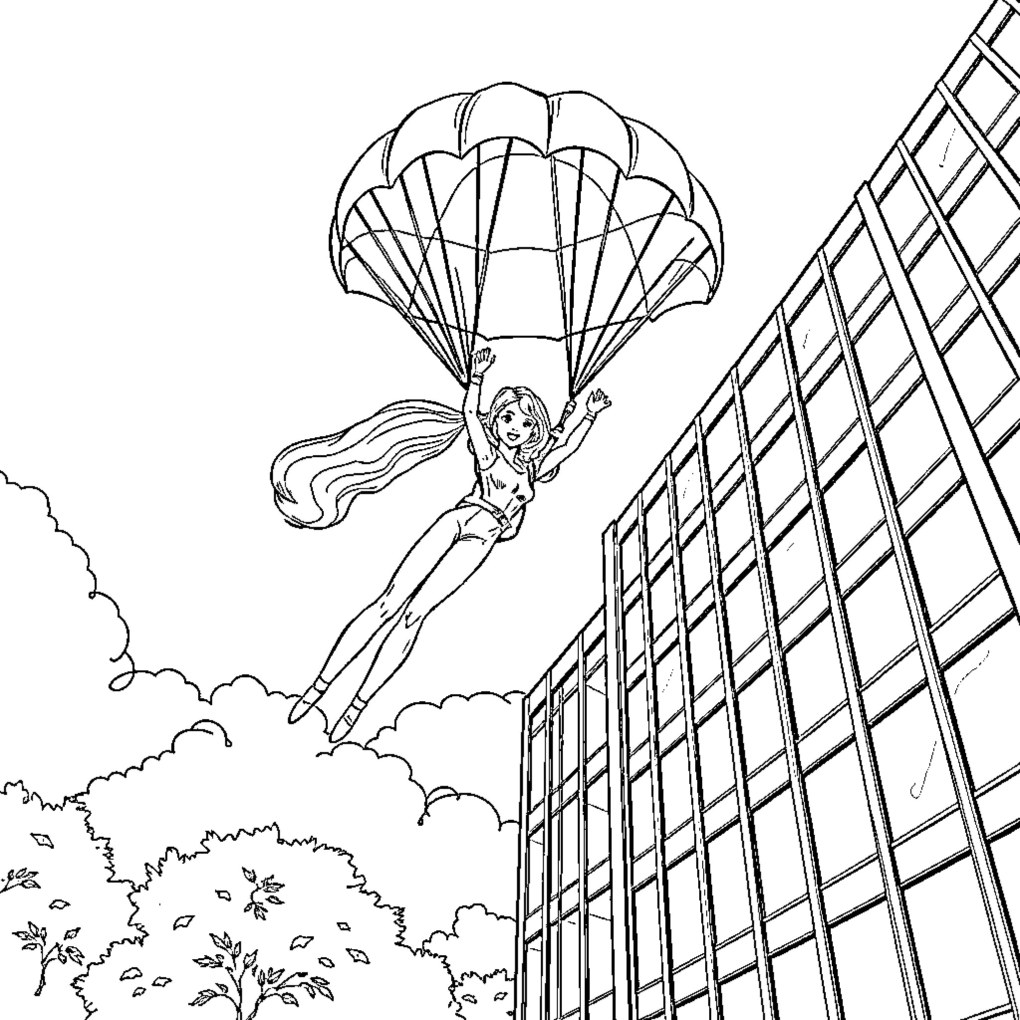 Barbie skydiving adventure over cityscape Coloring Page (free black-and-white line drawing printable PDF for all, from beginners to advanced learners, including children, teens, adults, and seniors)