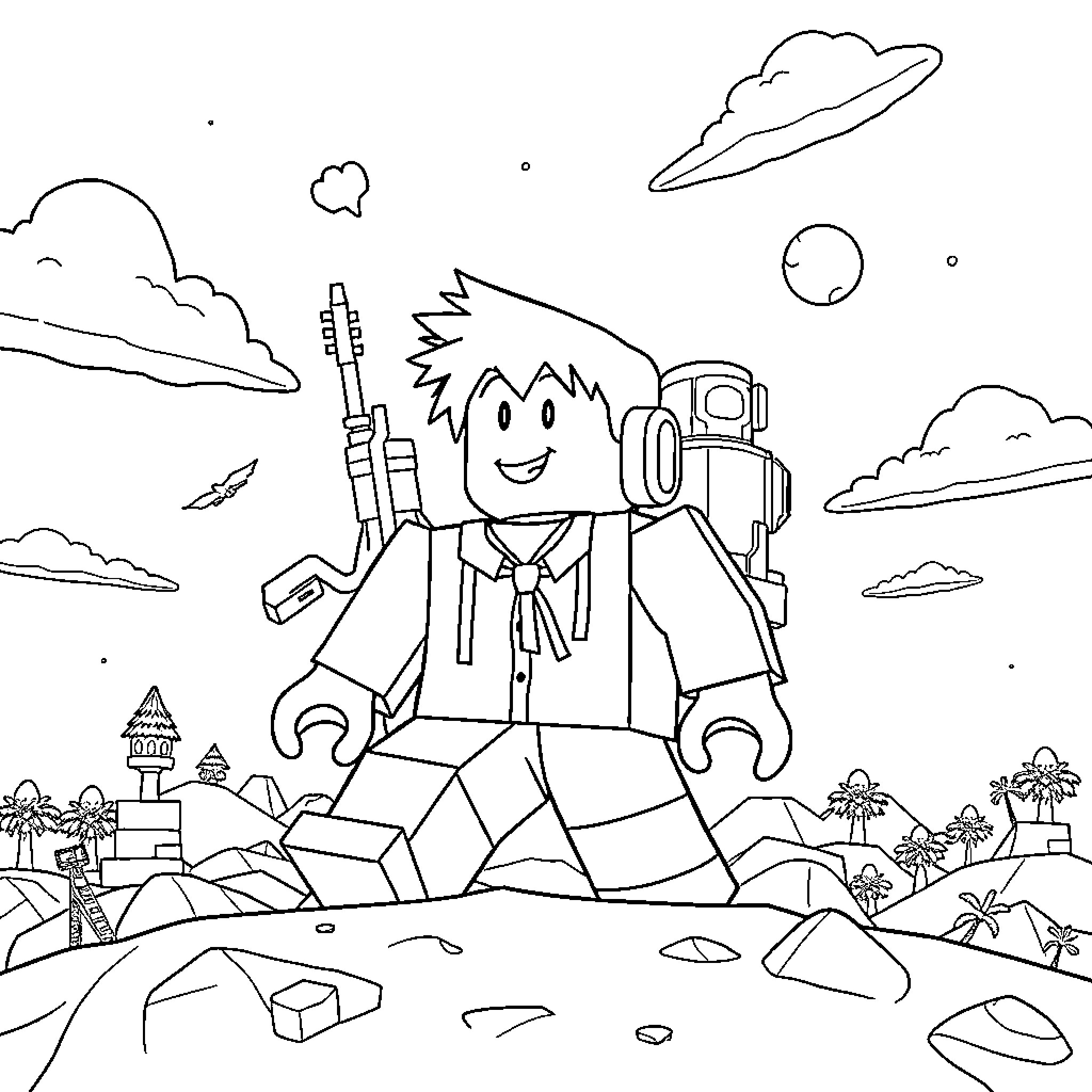 Roblox character exploring a fantastical landscape Coloring Page (free black-and-white line drawing printable PDF for all, from beginners to advanced learners, including children, teens, adults, and seniors)