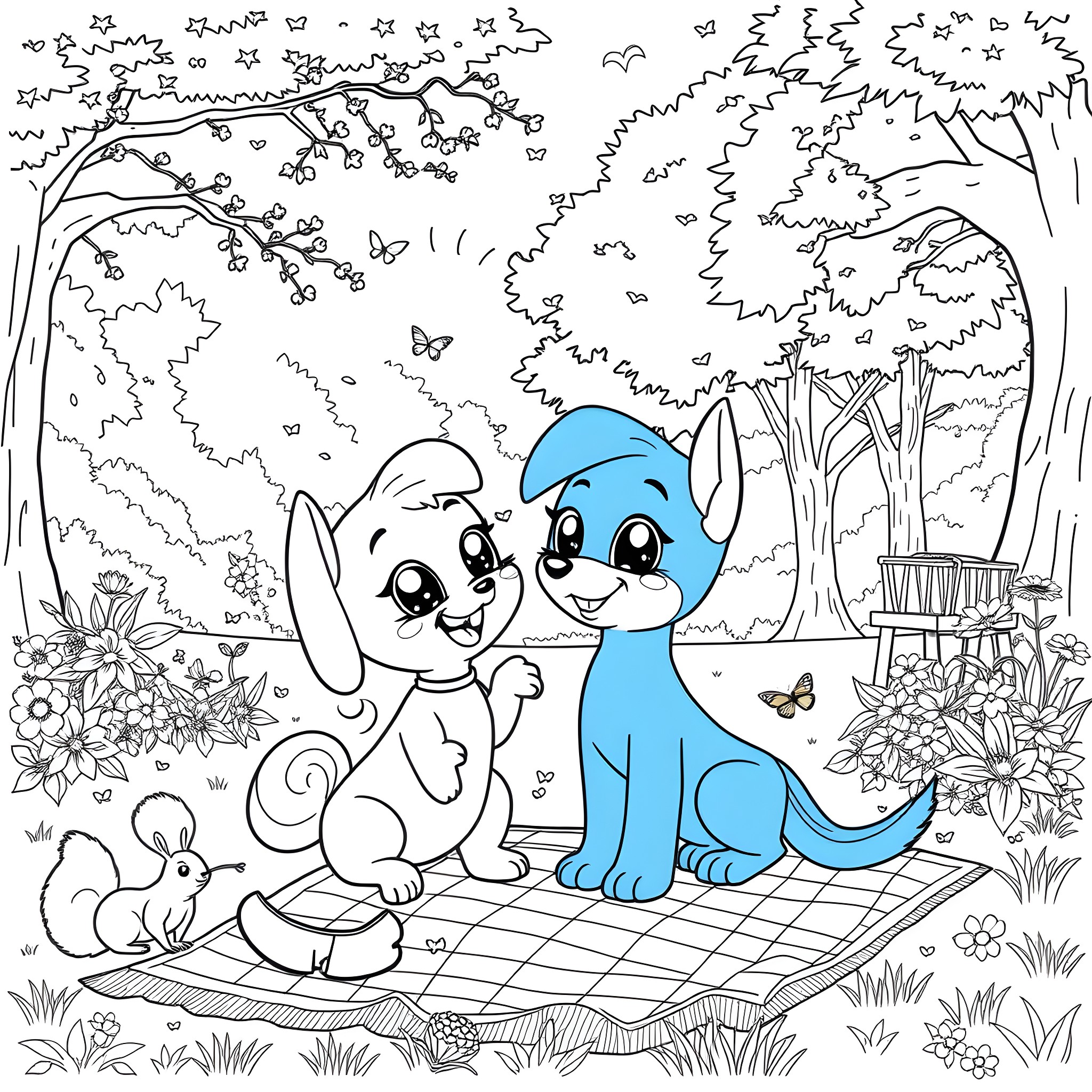 Bluey's Whimsical Adventure in the Forest Coloring Page (free black-and-white line drawing printable PDF for all, from beginners to advanced learners, including children, teens, adults, and seniors)