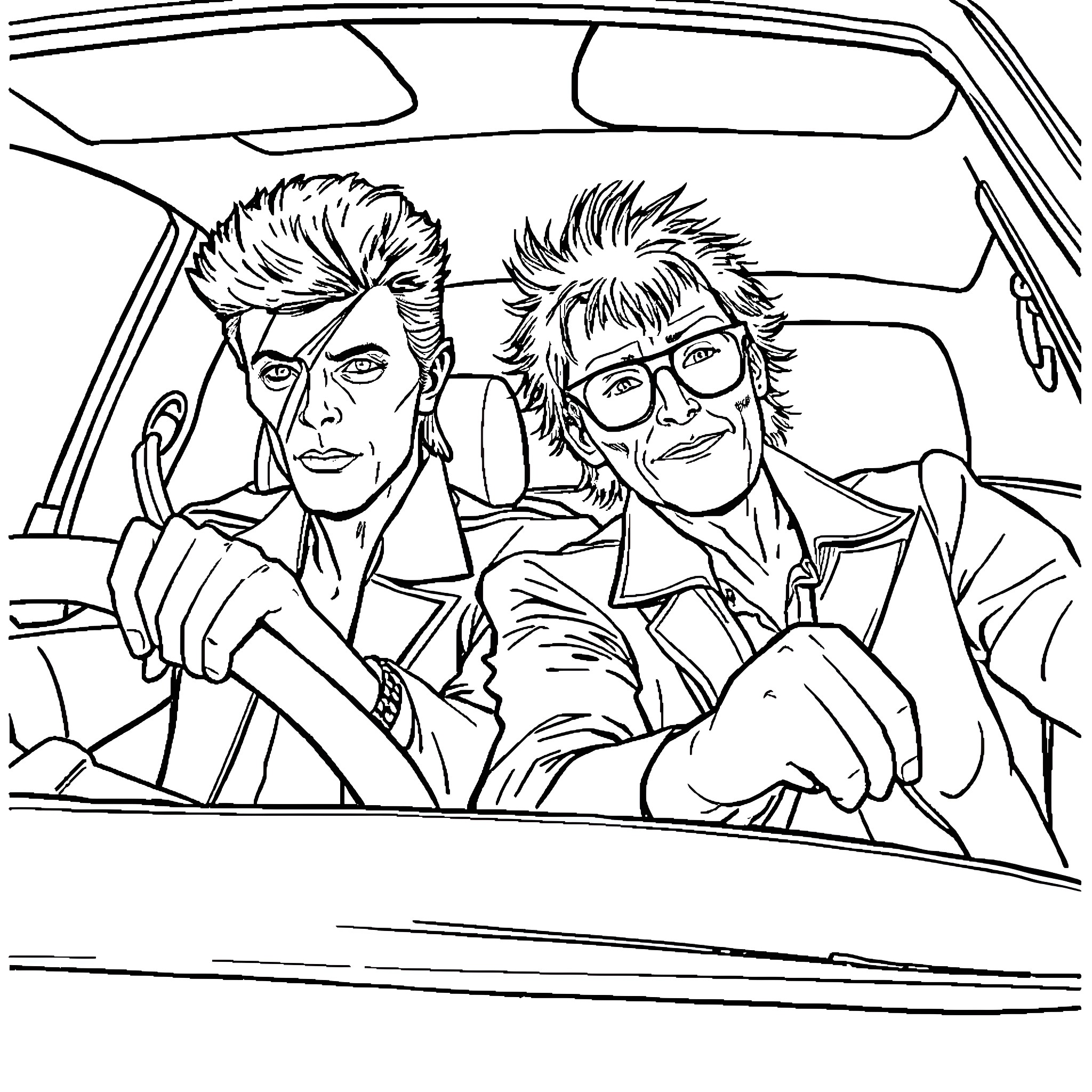 David Bowie and friends in a car Coloring Page (free black-and-white line drawing printable PDF for all, from beginners to advanced learners, including children, teens, adults, and seniors)