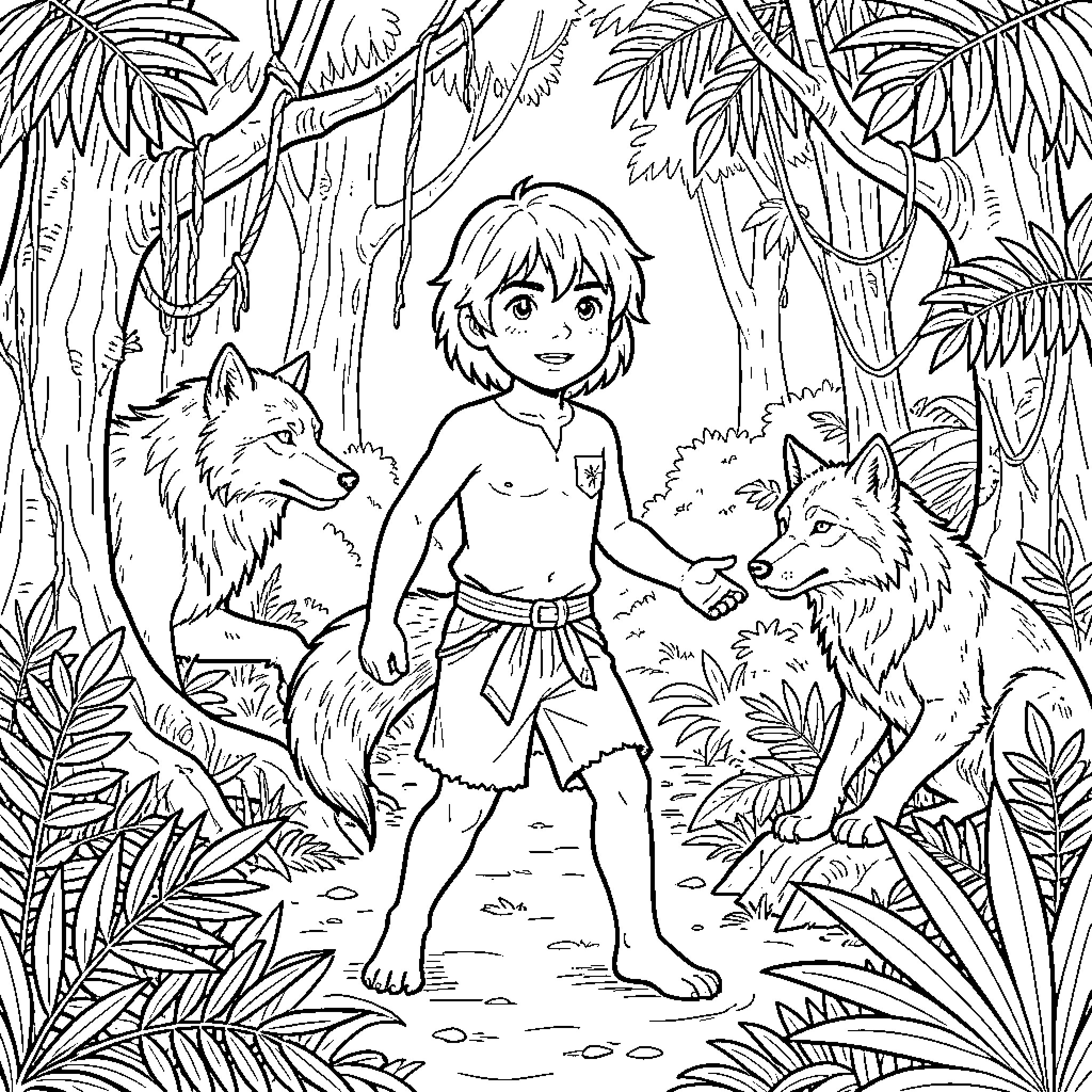 Mowgli walking peacefully surrounded by friendly wolves Coloring Page (free black-and-white line drawing printable PDF for all, from beginners to advanced learners, including children, teens, adults, and seniors)