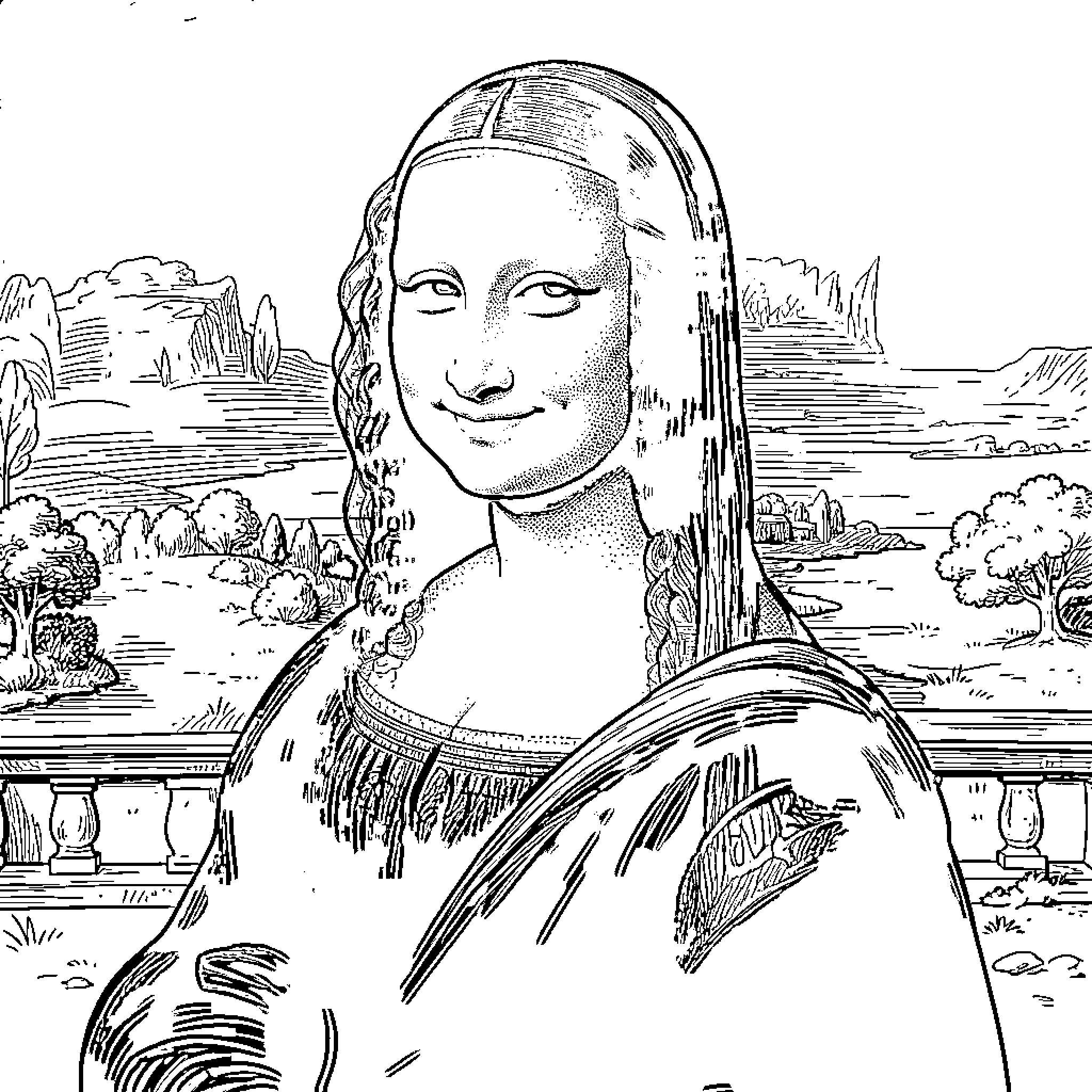 Mona Lisa smiling with a serene expression and landscape background Coloring Page (free black-and-white line drawing printable PDF for all, from beginners to advanced learners, including children, teens, adults, and seniors)