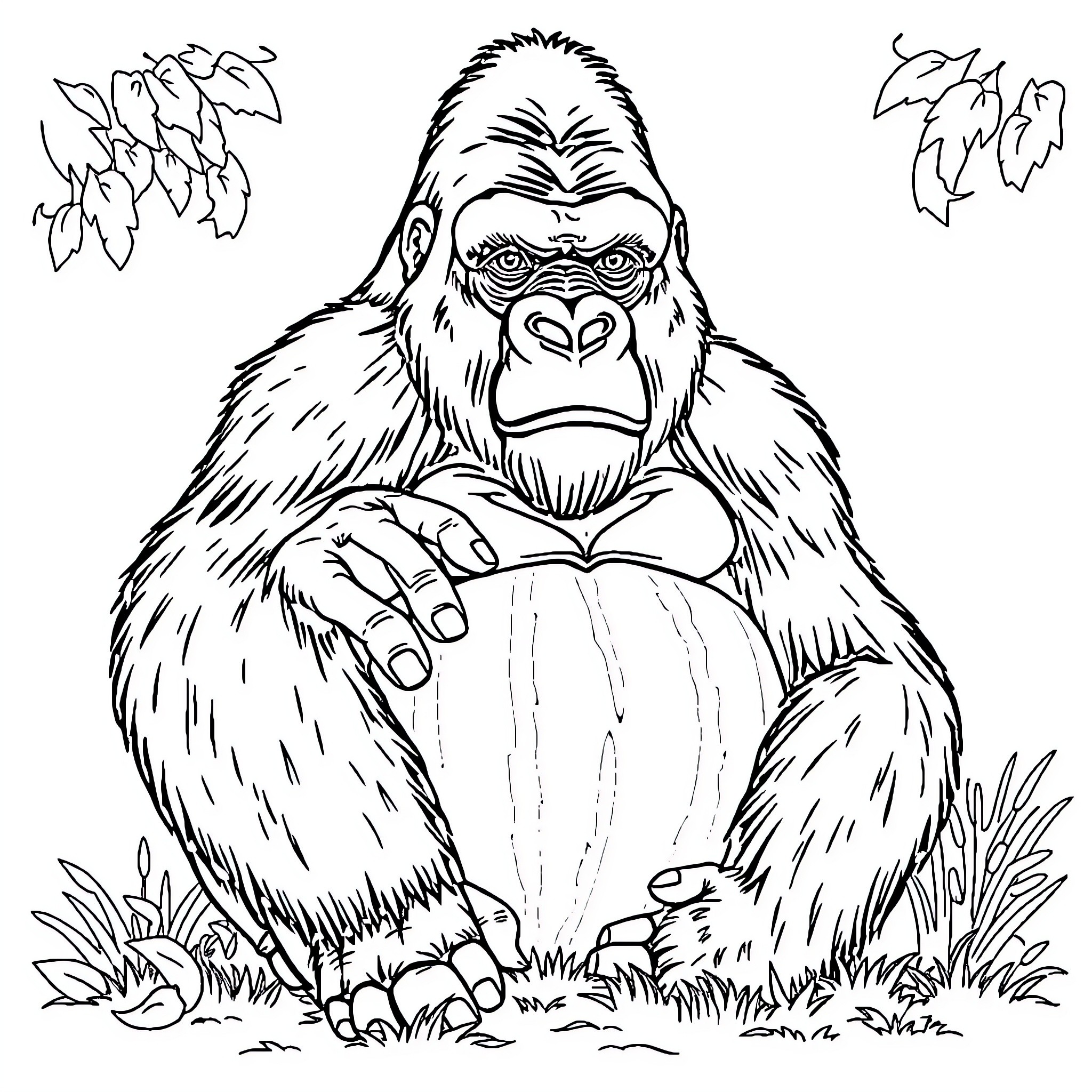 Gorilla sitting calmly in the wilderness Coloring Page (free black-and-white line drawing printable PDF for all, from beginners to advanced learners, including children, teens, adults, and seniors)