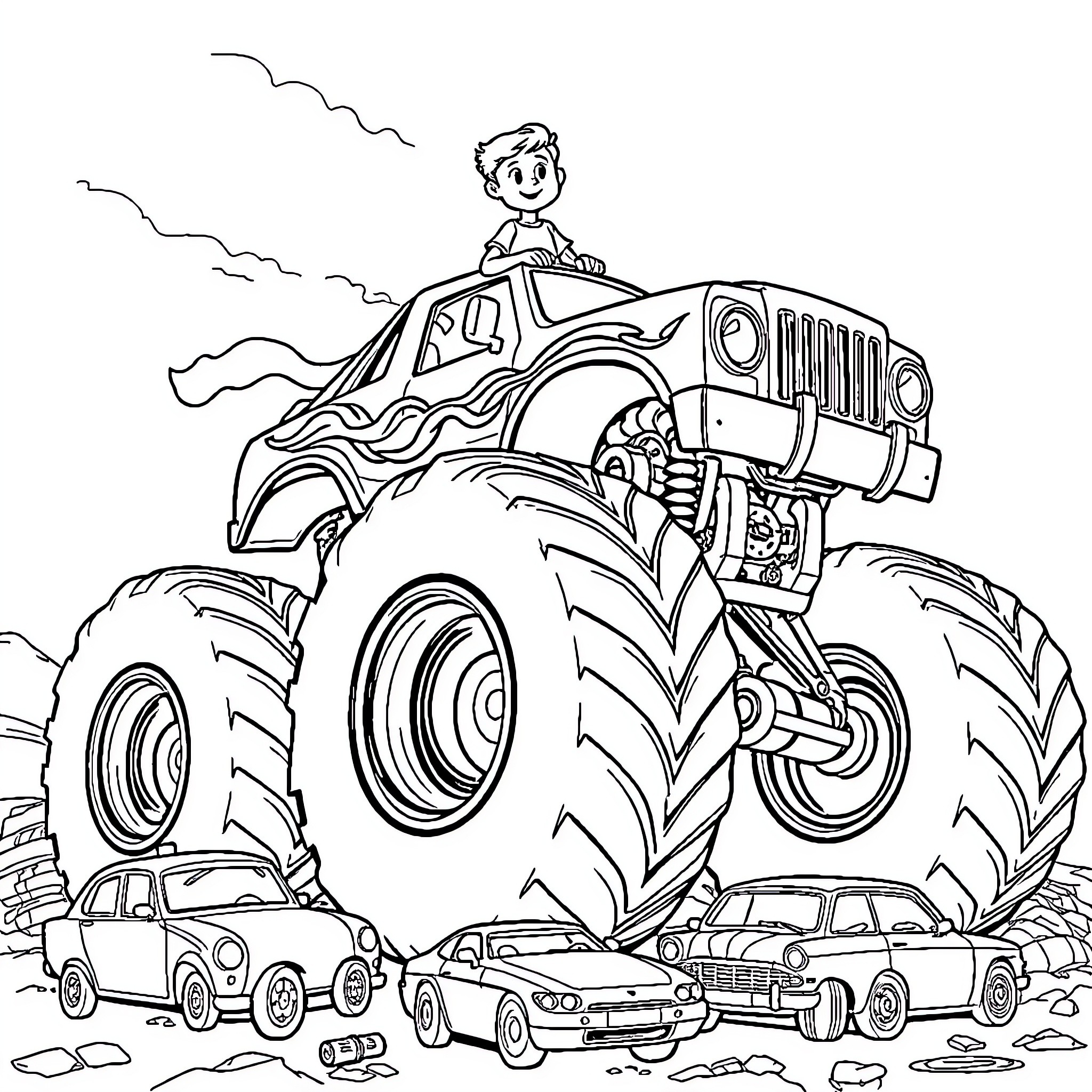 Monster Truck Crushing Smaller Vehicles on the Road Coloring Page (free black-and-white line drawing printable PDF for all, from beginners to advanced learners, including children, teens, adults, and seniors)