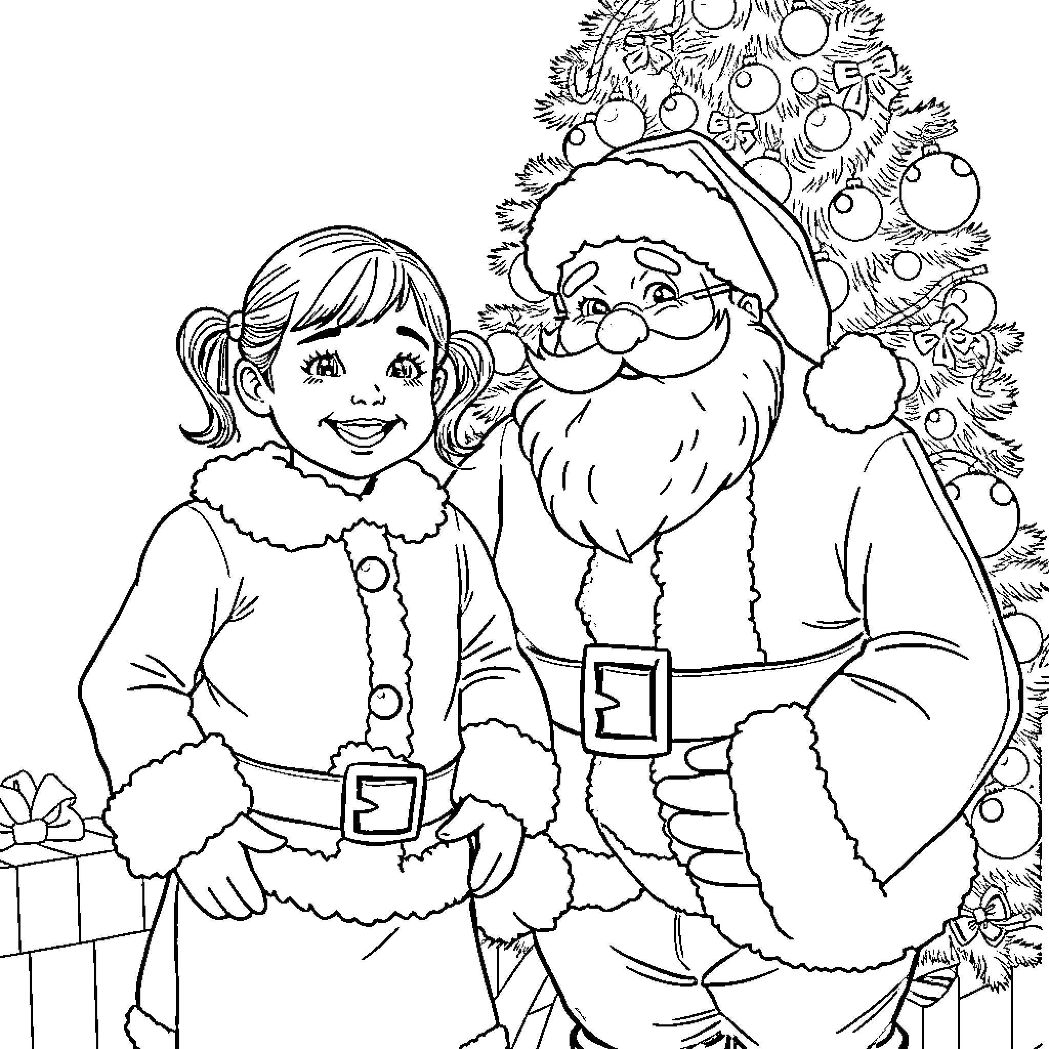 Girl and Santa enjoying Christmas by the tree Coloring Page (free black-and-white line drawing printable PDF for all, from beginners to advanced learners, including children, teens, adults, and seniors)