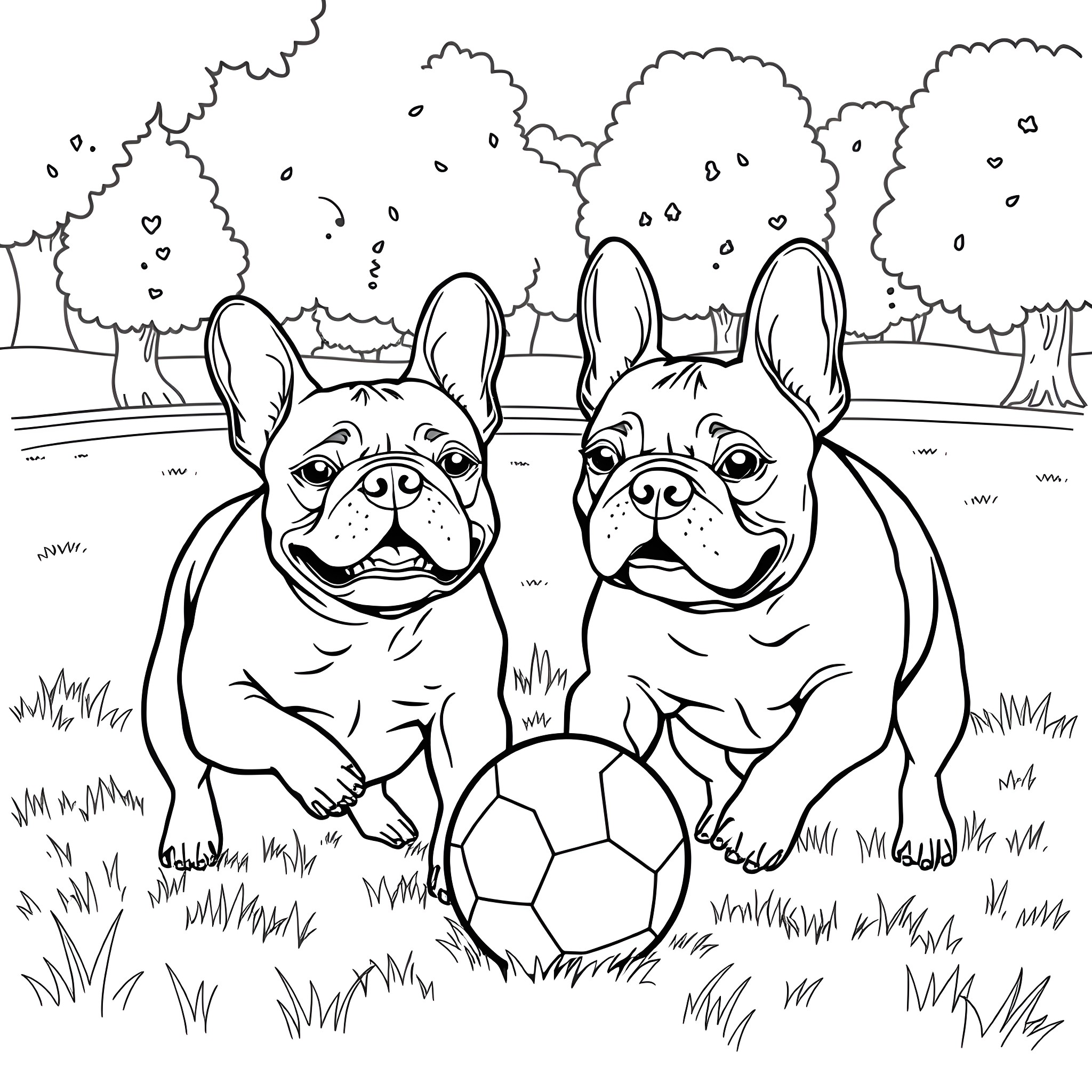French Bulldog friends playing with a soccer ball Coloring Page (free black-and-white line drawing printable PDF for all, from beginners to advanced learners, including children, teens, adults, and seniors)