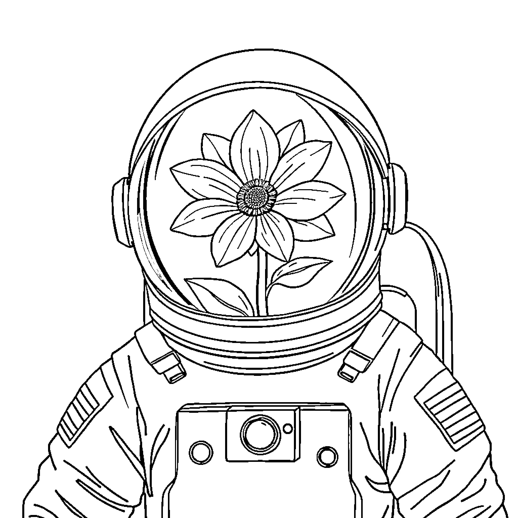 Astronaut exploring nature in space Coloring Page (free black-and-white line drawing printable PDF for all, from beginners to advanced learners, including children, teens, adults, and seniors)