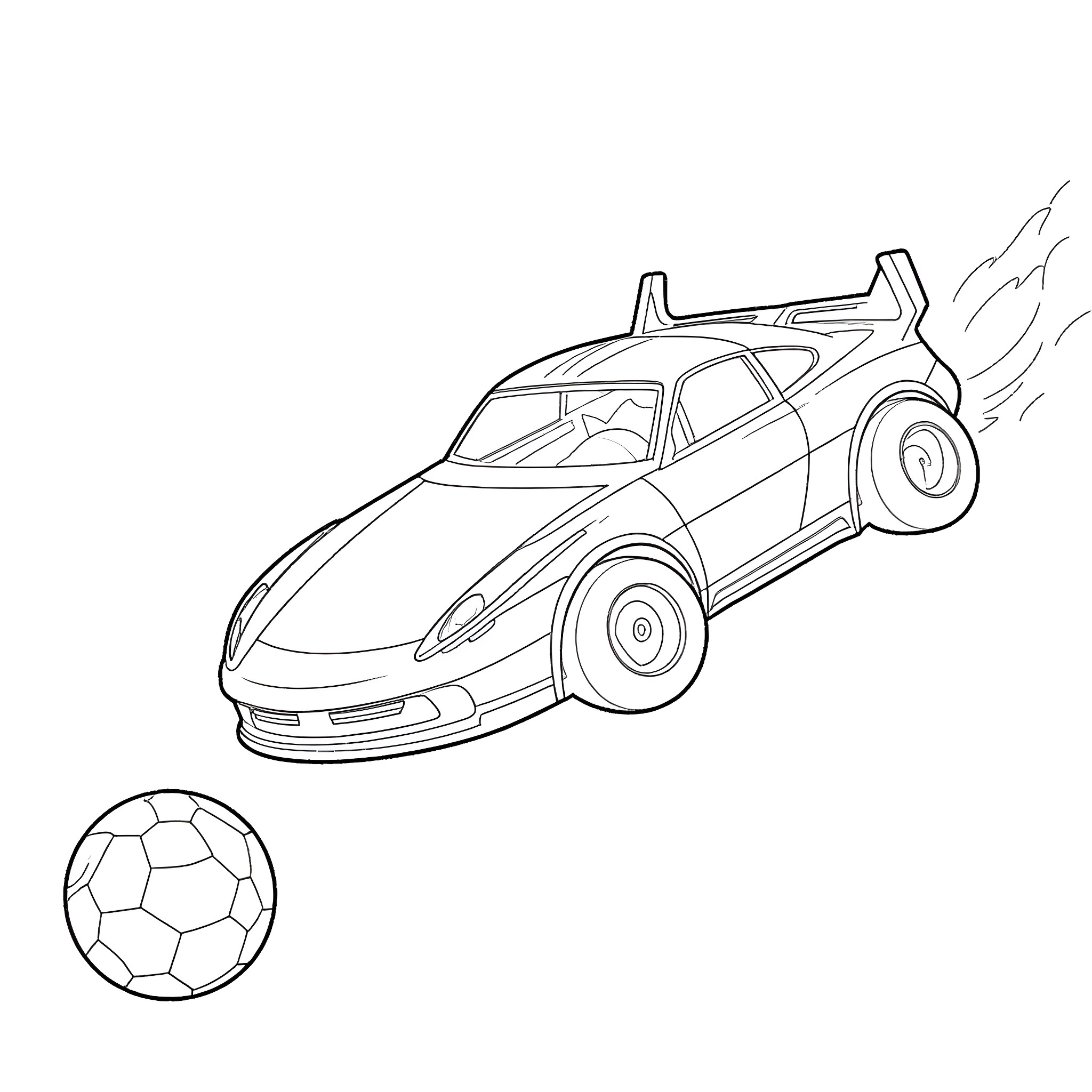 Fennec car racing with a soccer ball Coloring Page (free black-and-white line drawing printable PDF for all, from beginners to advanced learners, including children, teens, adults, and seniors)