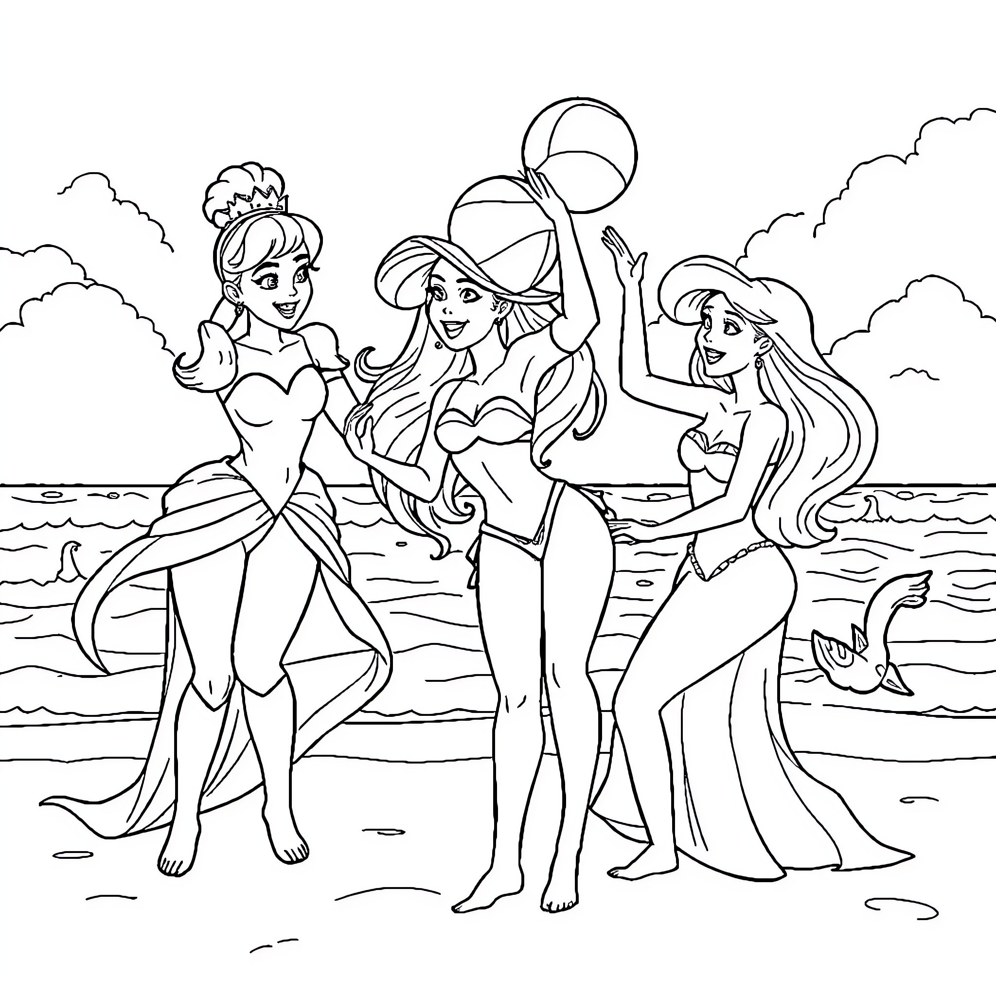 Disney Princesses Enjoying a Beach Party Coloring Page (free black-and-white line drawing printable PDF for all, from beginners to advanced learners, including children, teens, adults, and seniors)