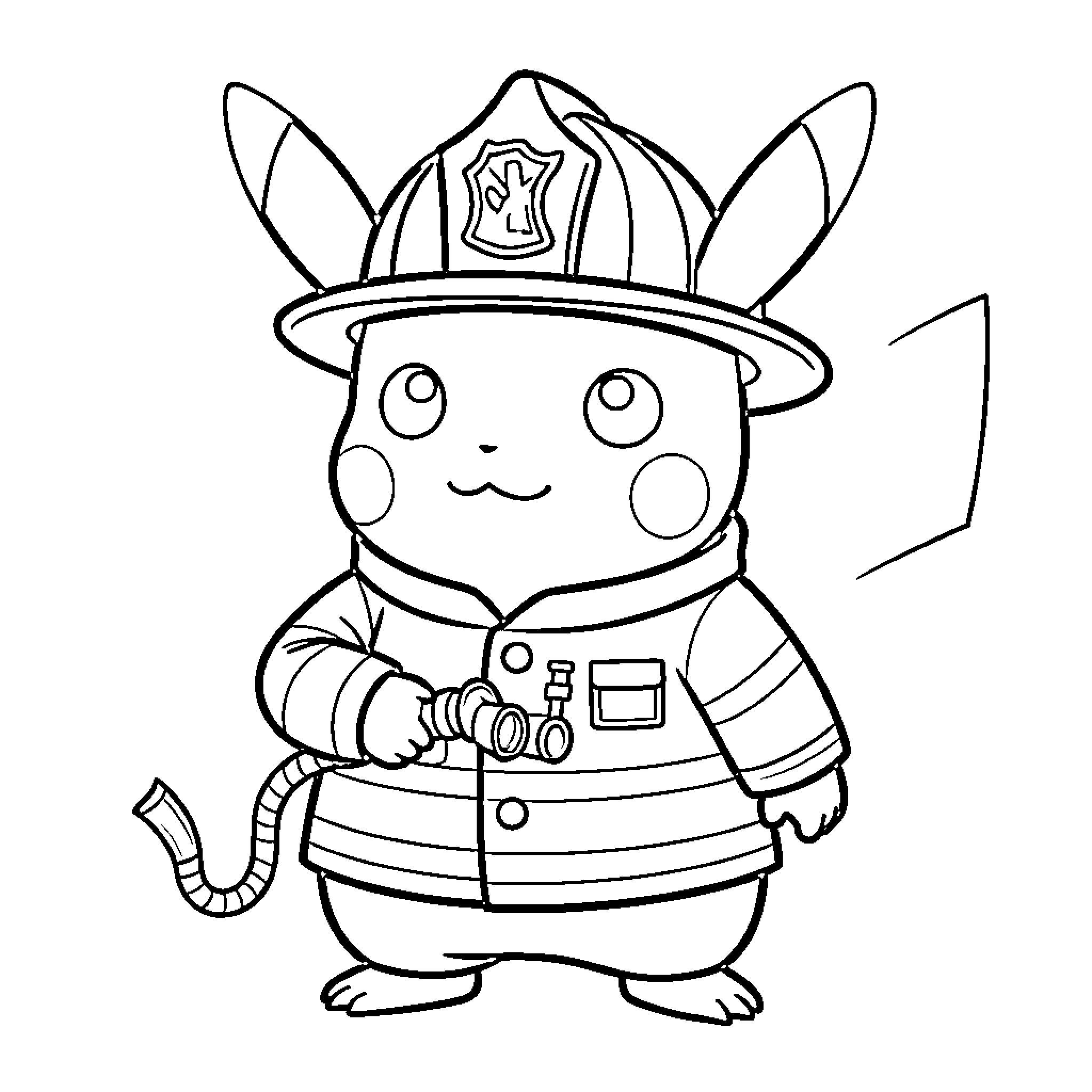 Pikachu dressed as a firefighter Coloring Page (free black-and-white line drawing printable PDF for all, from beginners to advanced learners, including children, teens, adults, and seniors)