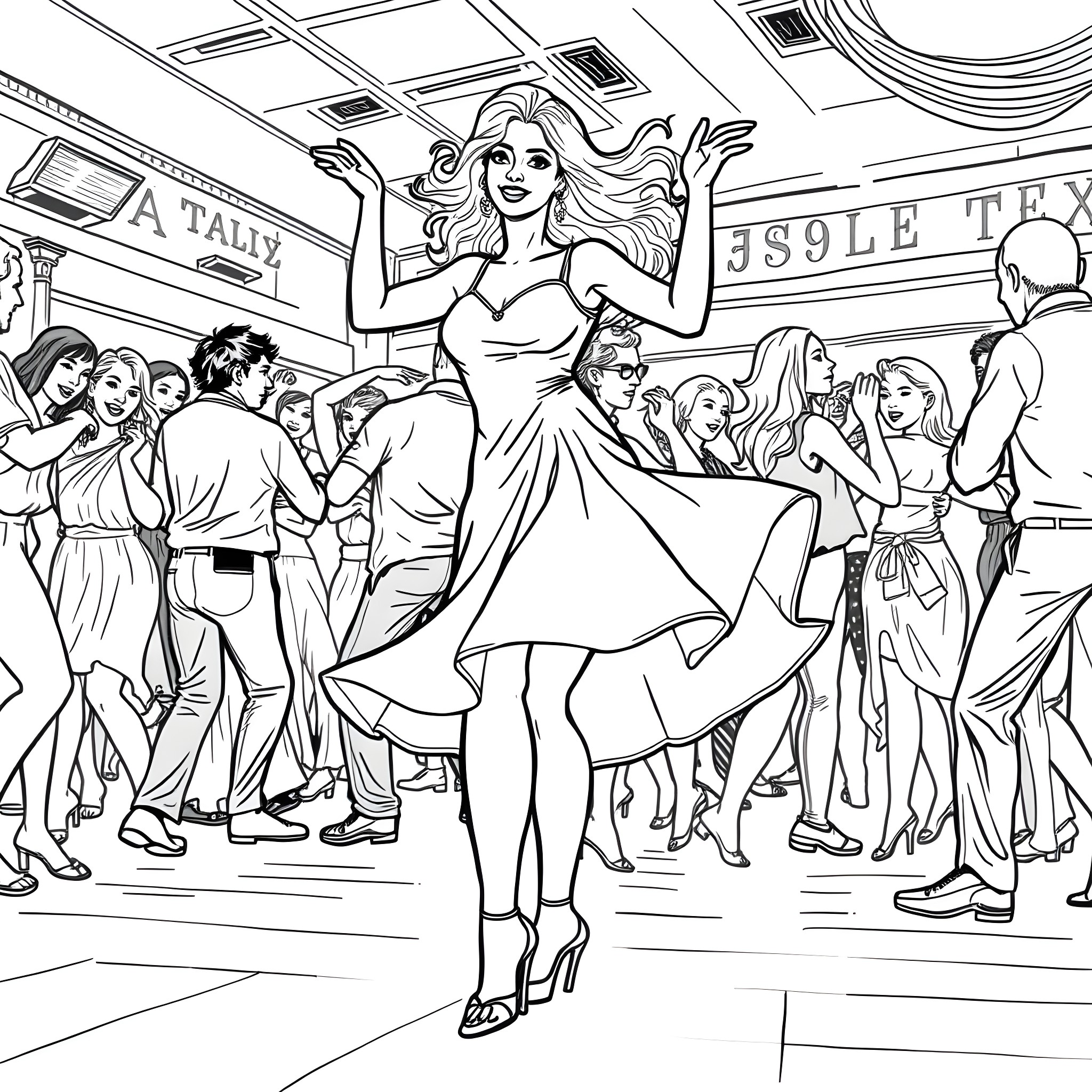 Latina woman dancing joyfully in a bustling city street Coloring Page (free black-and-white line drawing printable PDF for all, from beginners to advanced learners, including children, teens, adults, and seniors)