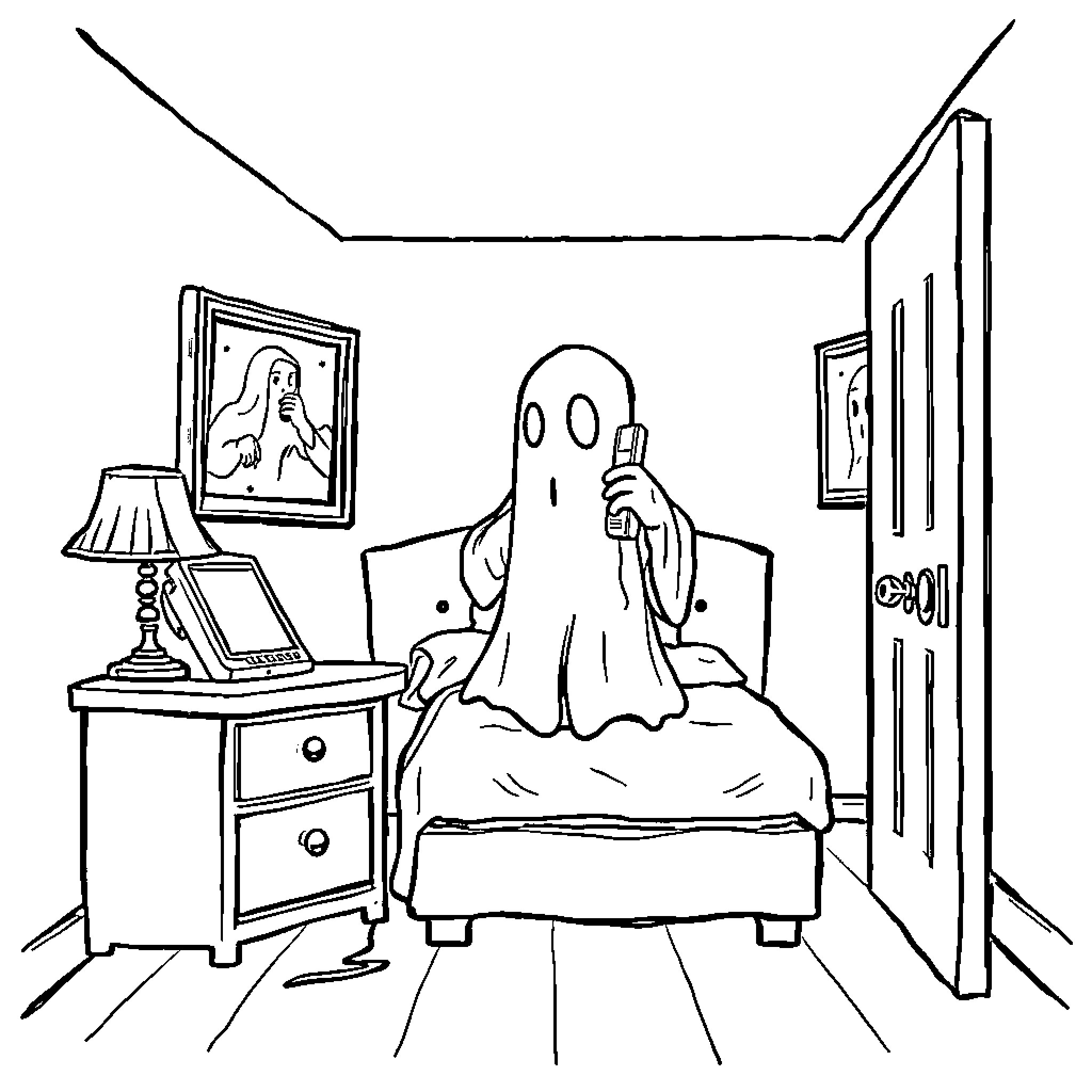 Ghost lounging in a cozy bedroom Coloring Page (free black-and-white line drawing printable PDF for all, from beginners to advanced learners, including children, teens, adults, and seniors)
