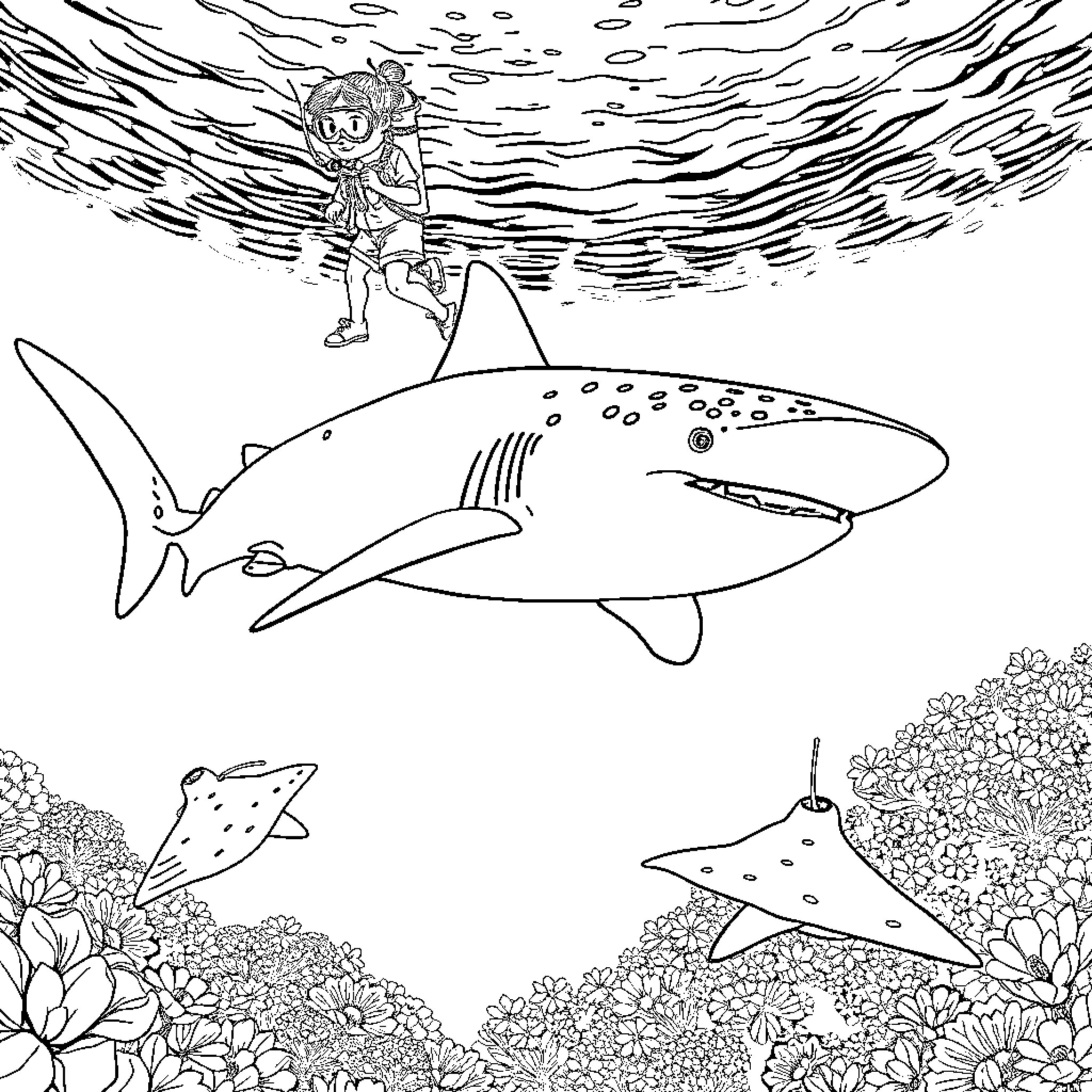 Whale Shark exploring the underwater world Coloring Page (free black-and-white line drawing printable PDF for all, from beginners to advanced learners, including children, teens, adults, and seniors)