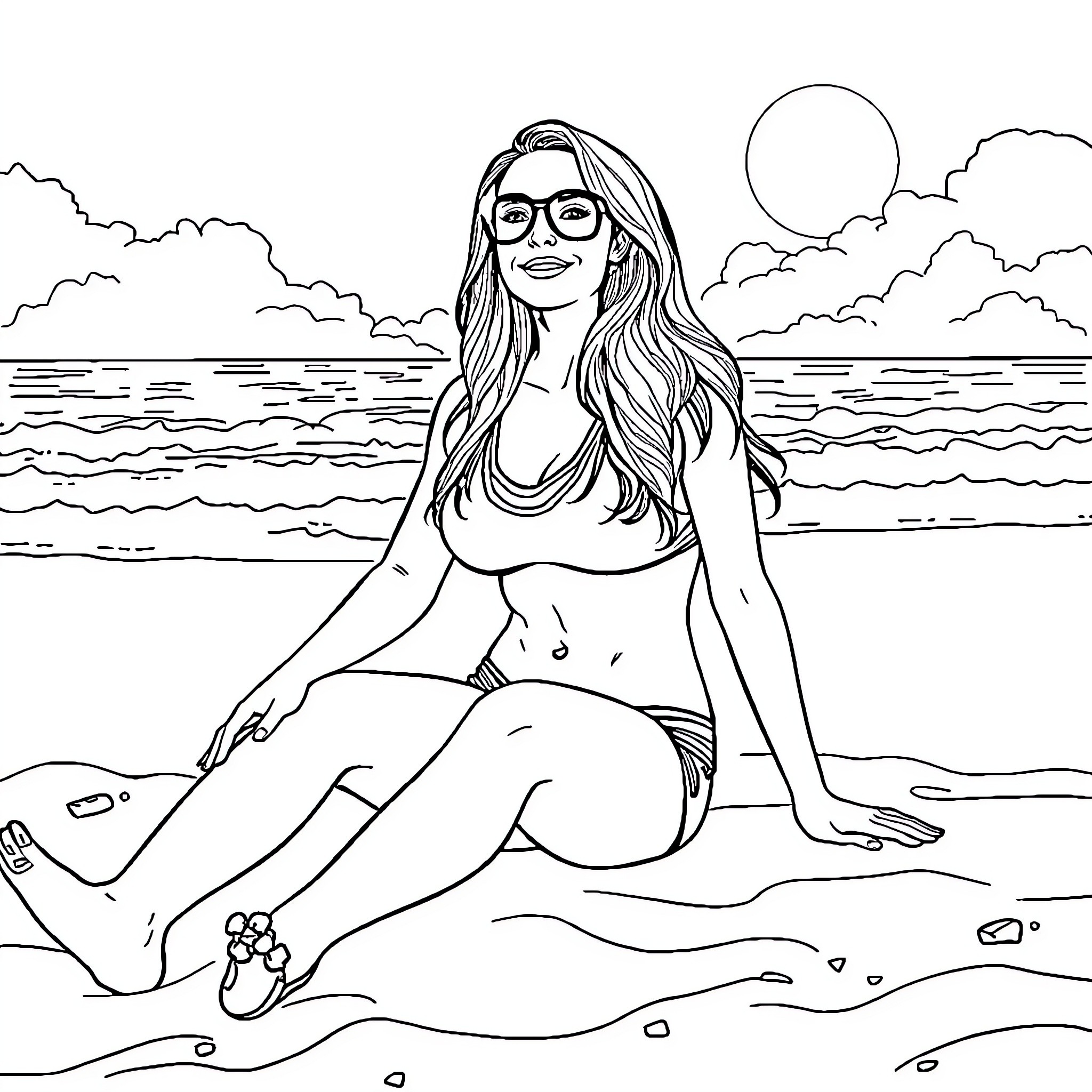 Hope Solo relaxing on the beach Coloring Page (free black-and-white line drawing printable PDF for all, from beginners to advanced learners, including children, teens, adults, and seniors)