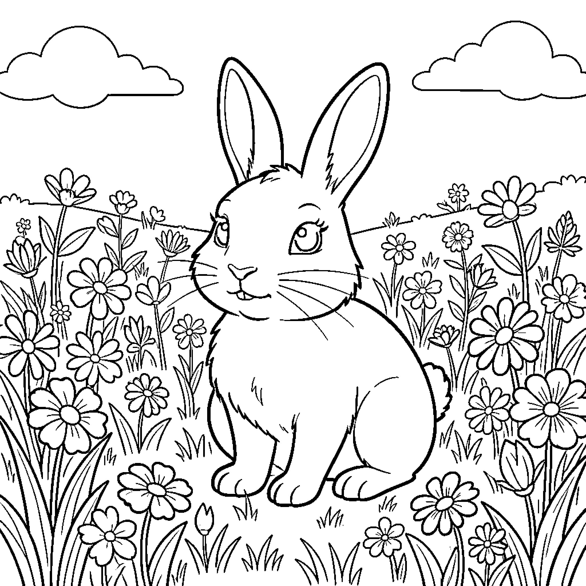 Easter Bunny enjoying a floral field Coloring Page (free black-and-white line drawing printable PDF for all, from beginners to advanced learners, including children, teens, adults, and seniors)