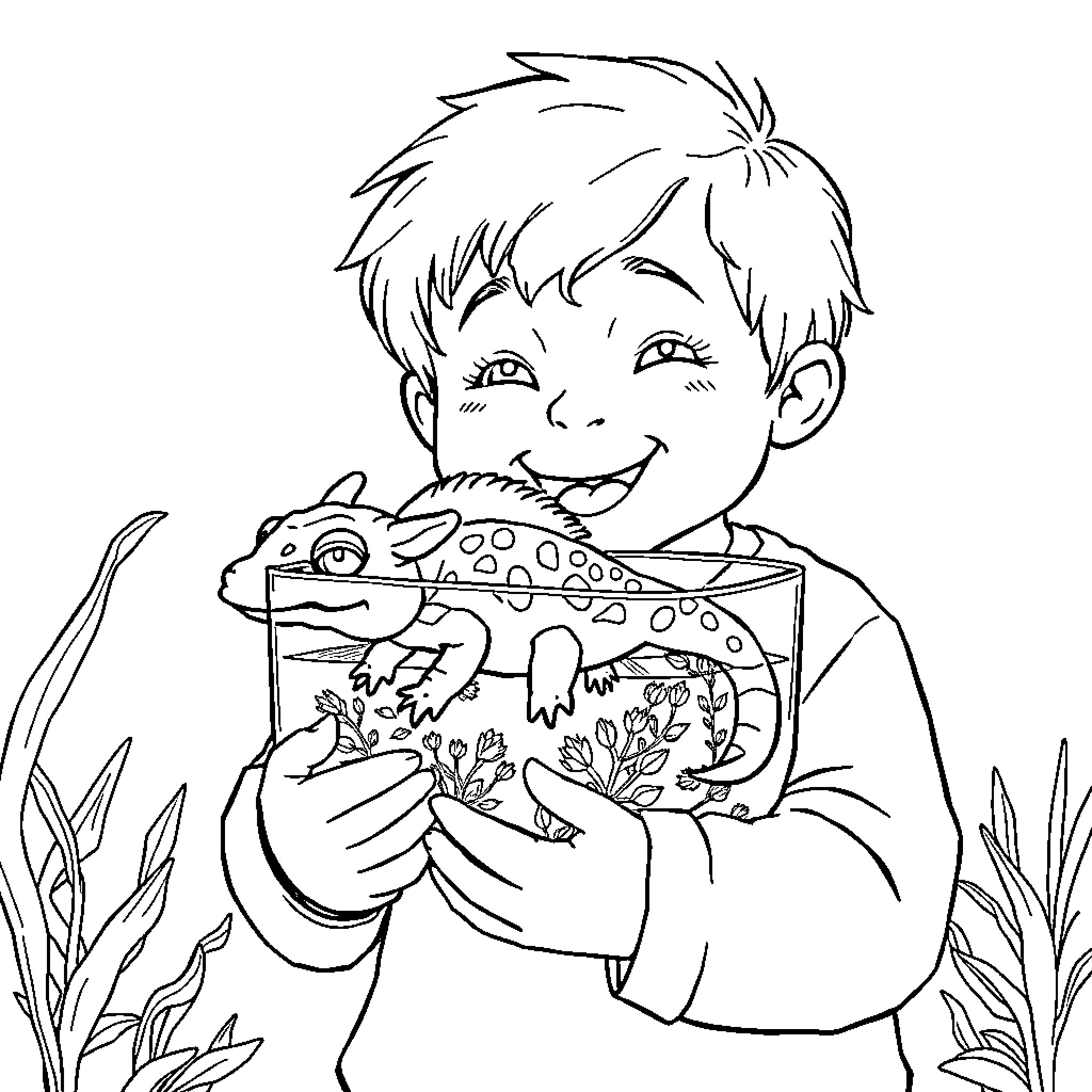Child playing happily with pet lizard Coloring Page (free black-and-white line drawing printable PDF for all, from beginners to advanced learners, including children, teens, adults, and seniors)