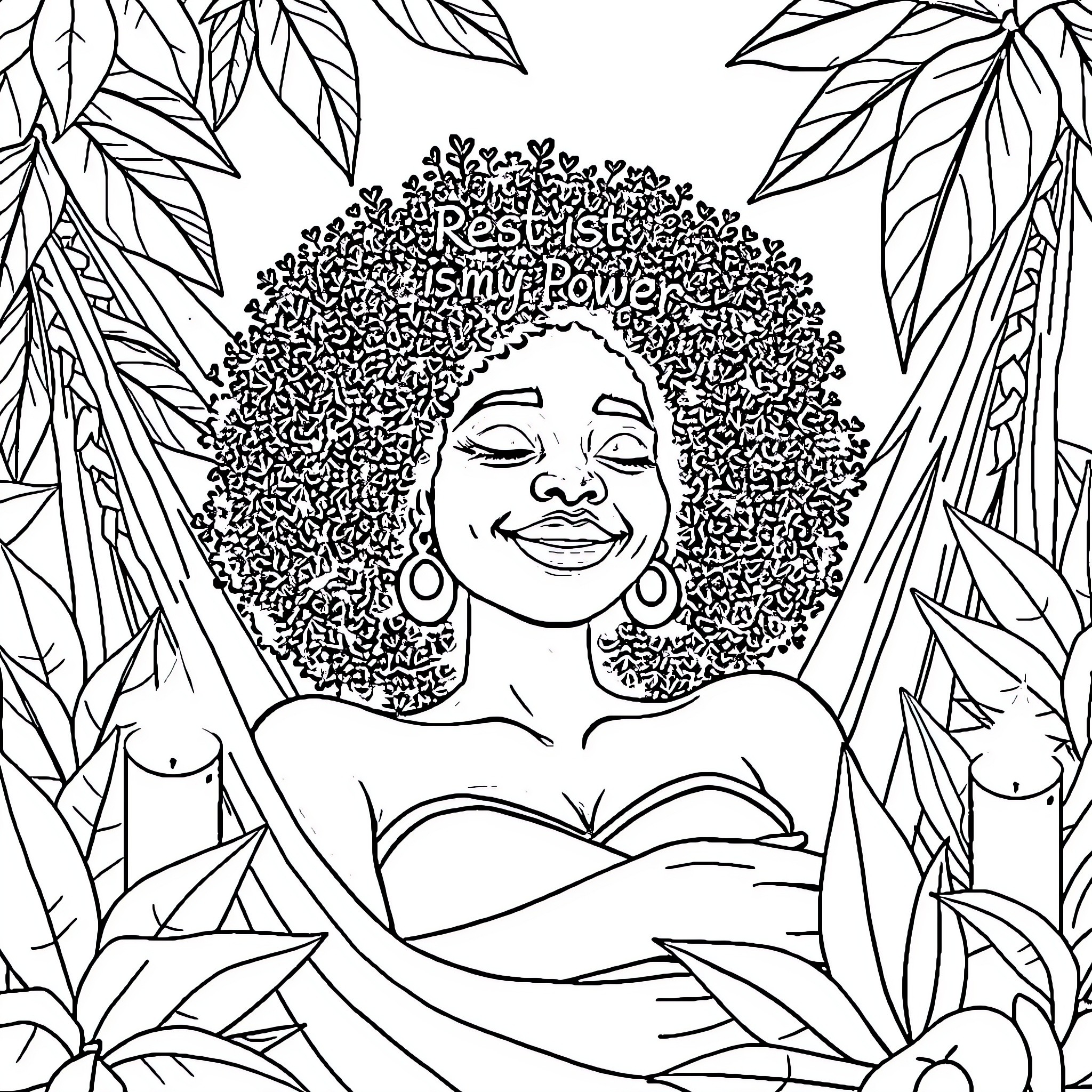 Woman in nature with curly hair and earrings Coloring Page (free black-and-white line drawing printable PDF for all, from beginners to advanced learners, including children, teens, adults, and seniors)