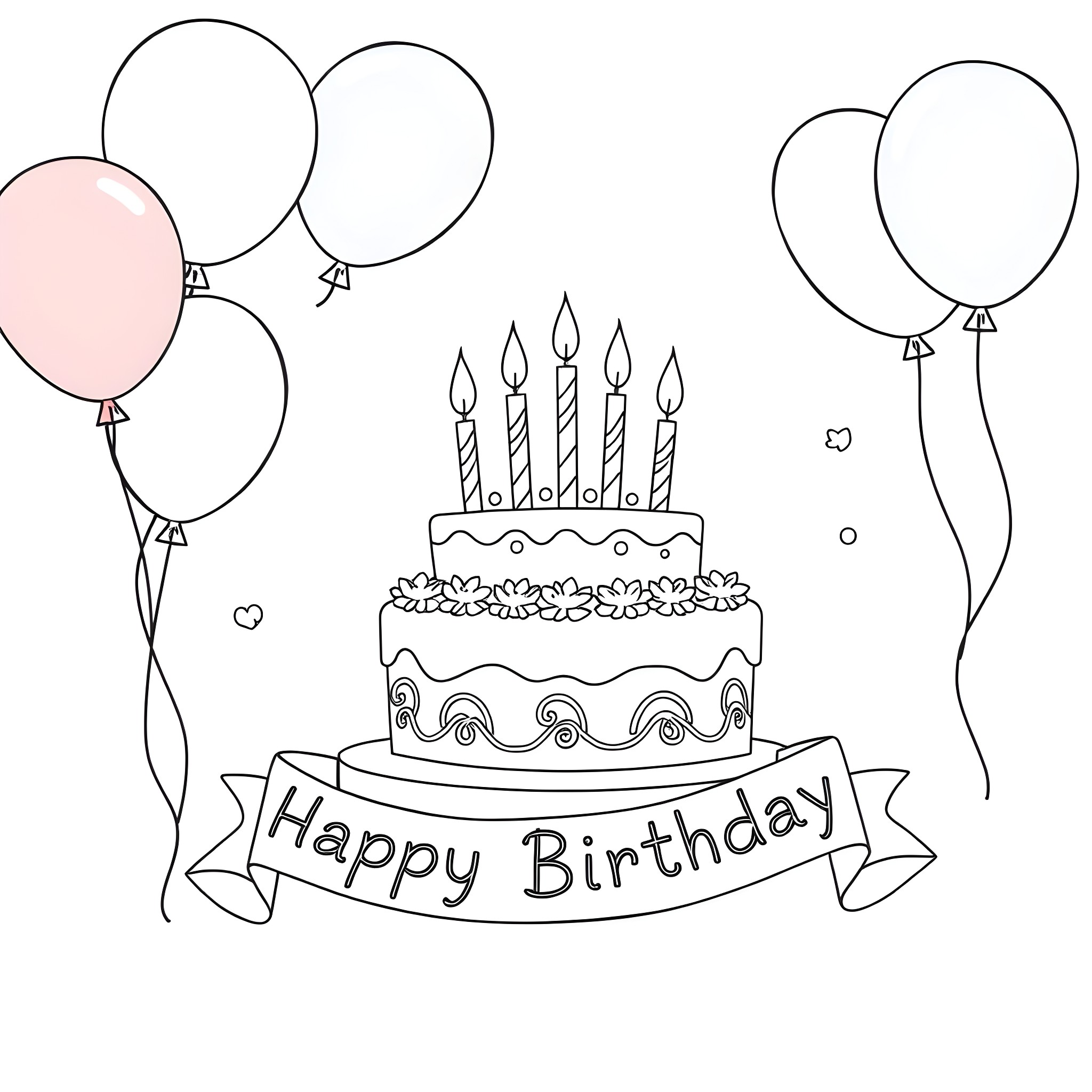 Birthday Celebration with Cake and Balloons Coloring Page (free black-and-white line drawing printable PDF for all, from beginners to advanced learners, including children, teens, adults, and seniors)