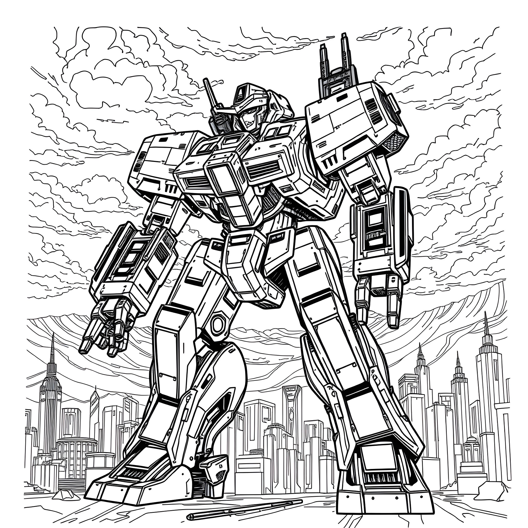 Robot mech warrior standing tall in a futuristic city Coloring Page (free black-and-white line drawing printable PDF for all, from beginners to advanced learners, including children, teens, adults, and seniors)