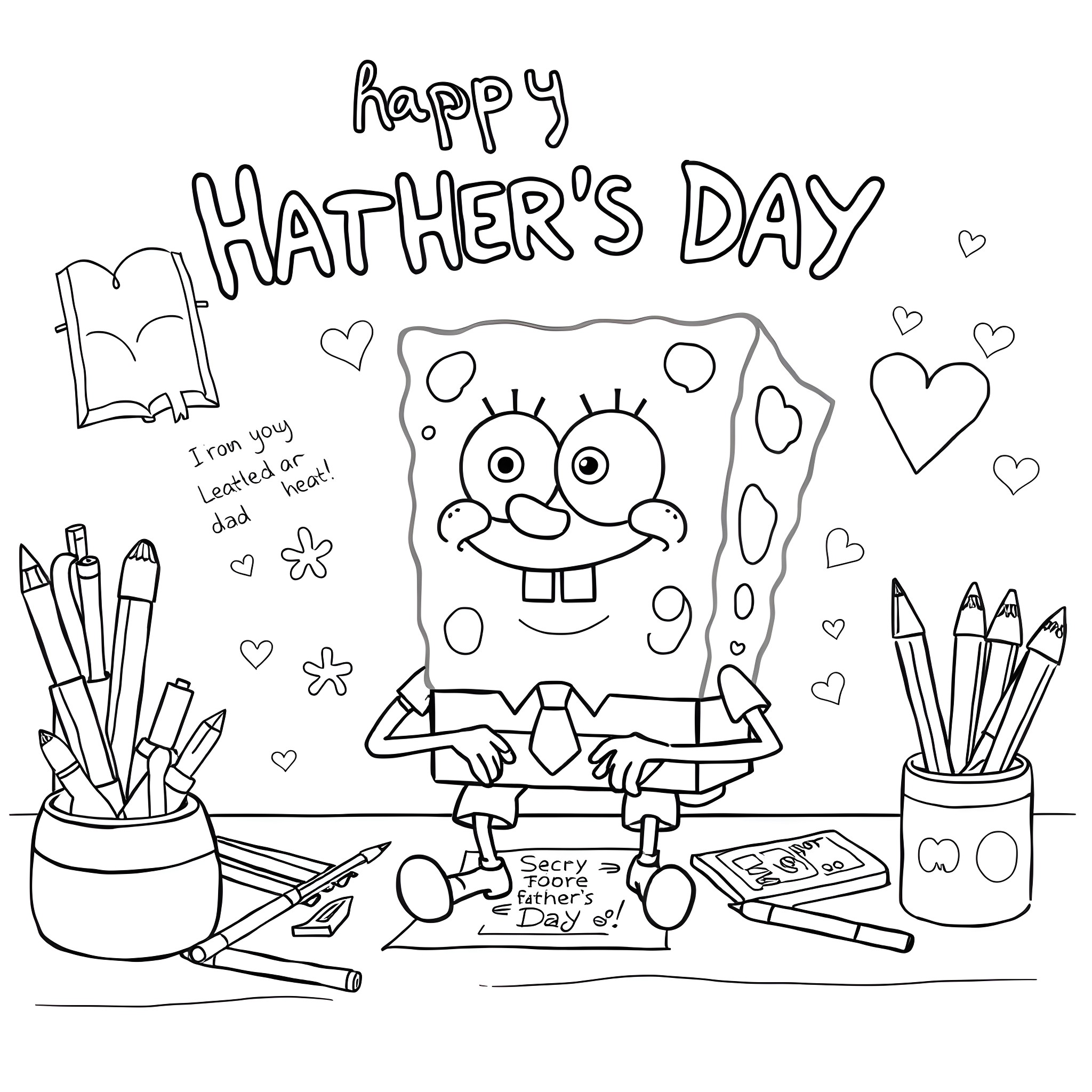 Spongebob celebrating Father's Day with school supplies Coloring Page (free black-and-white line drawing printable PDF for all, from beginners to advanced learners, including children, teens, adults, and seniors)