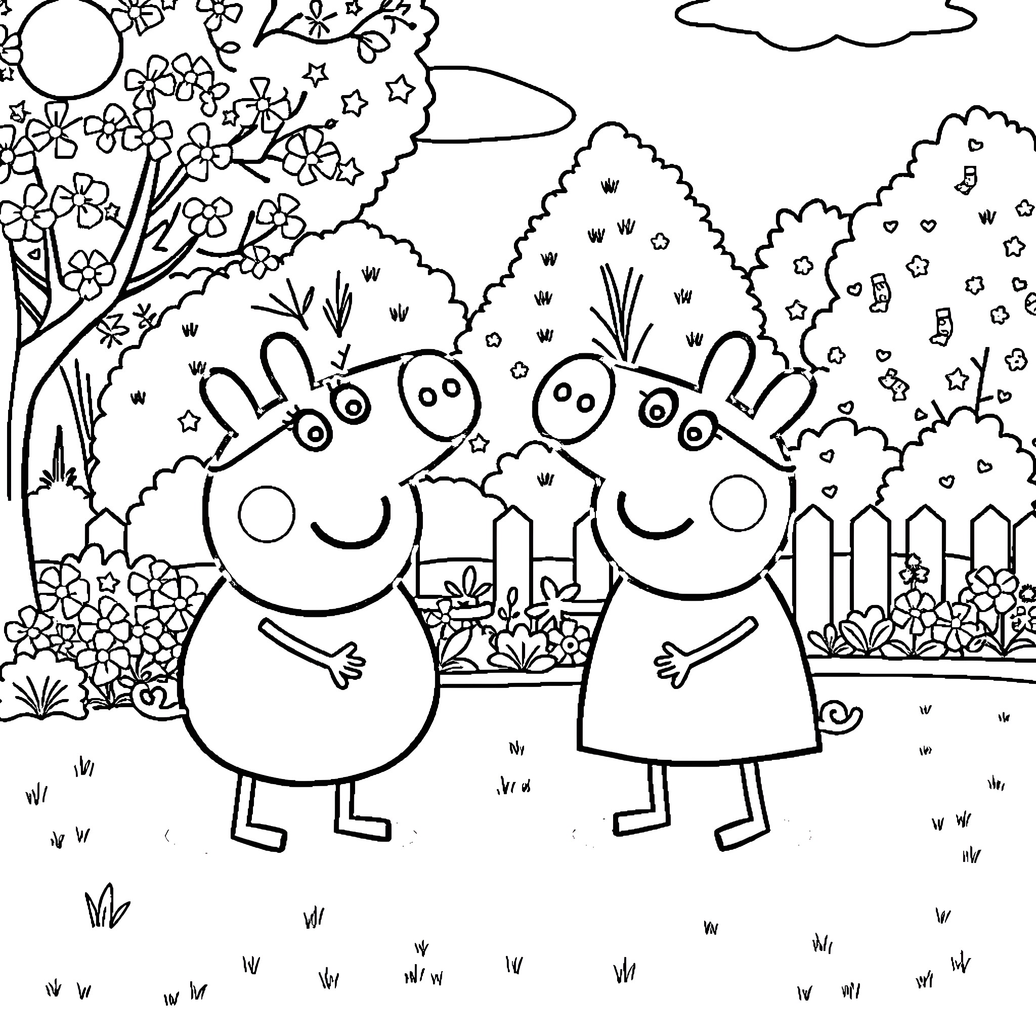 Peppa Pig and friends explore the garden Coloring Page (free black-and-white line drawing printable PDF for all, from beginners to advanced learners, including children, teens, adults, and seniors)