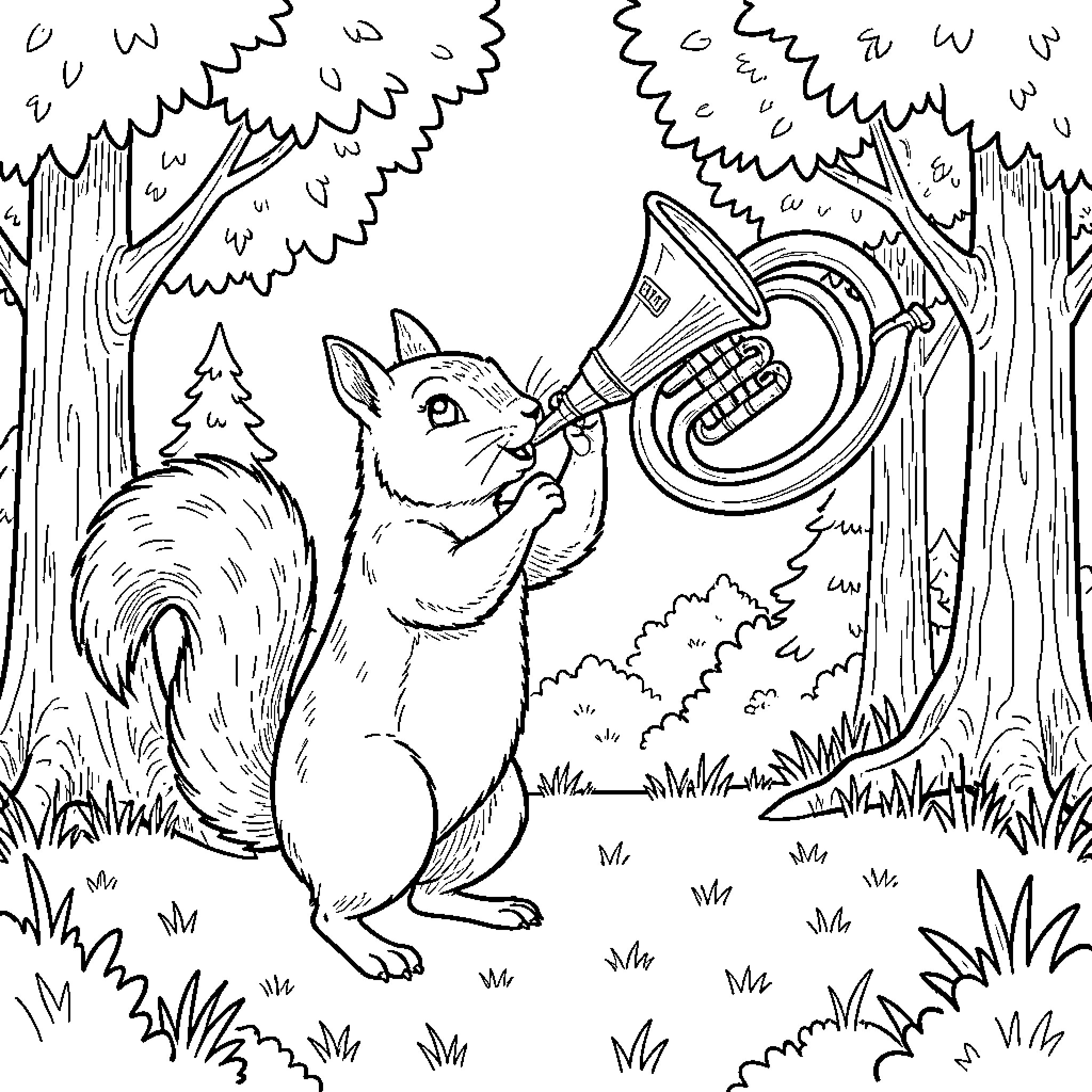 Squirrel playing a musical horn in the forest Coloring Page (free black-and-white line drawing printable PDF for all, from beginners to advanced learners, including children, teens, adults, and seniors)