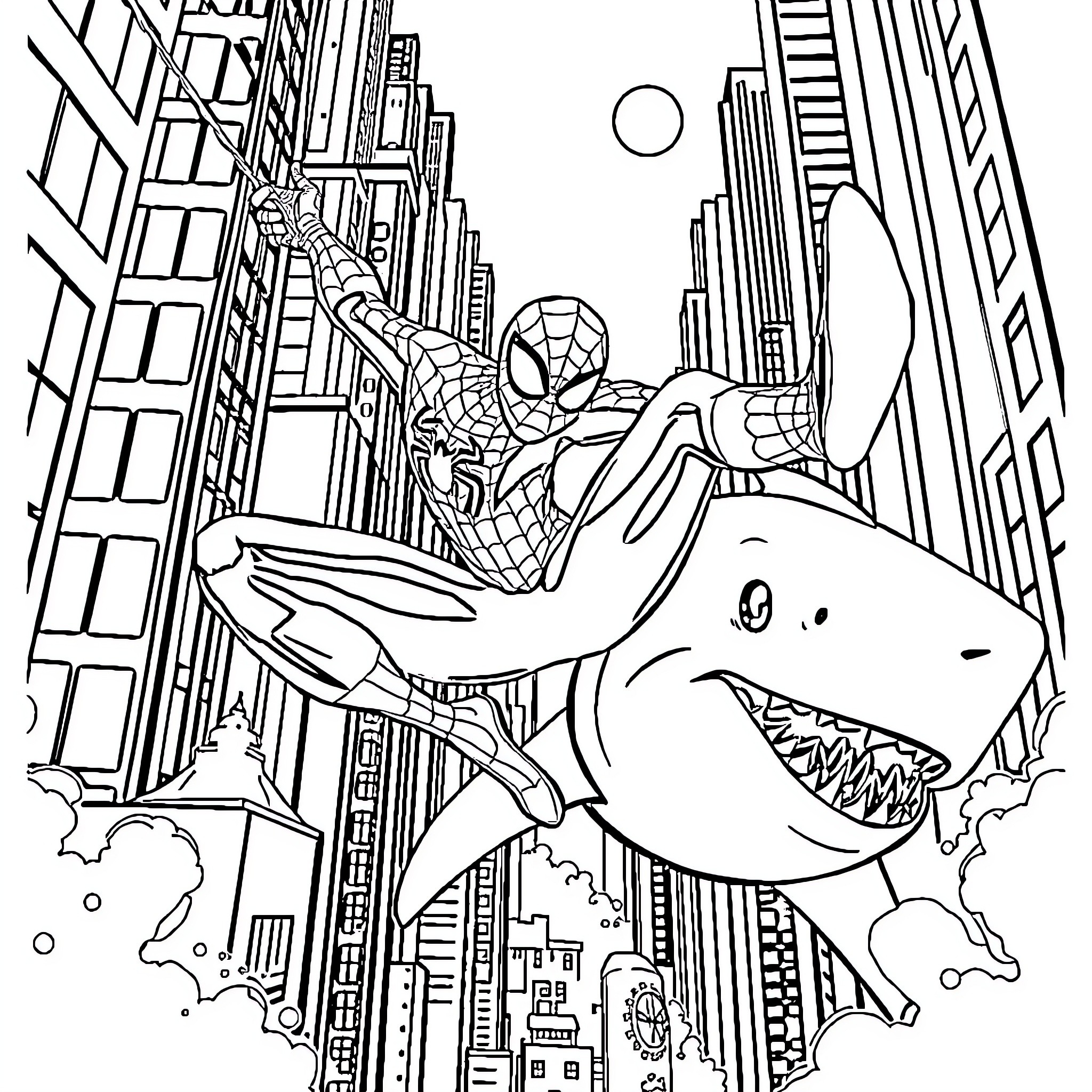 Spiderman swinging through the city with a shark Coloring Page (free black-and-white line drawing printable PDF for all, from beginners to advanced learners, including children, teens, adults, and seniors)