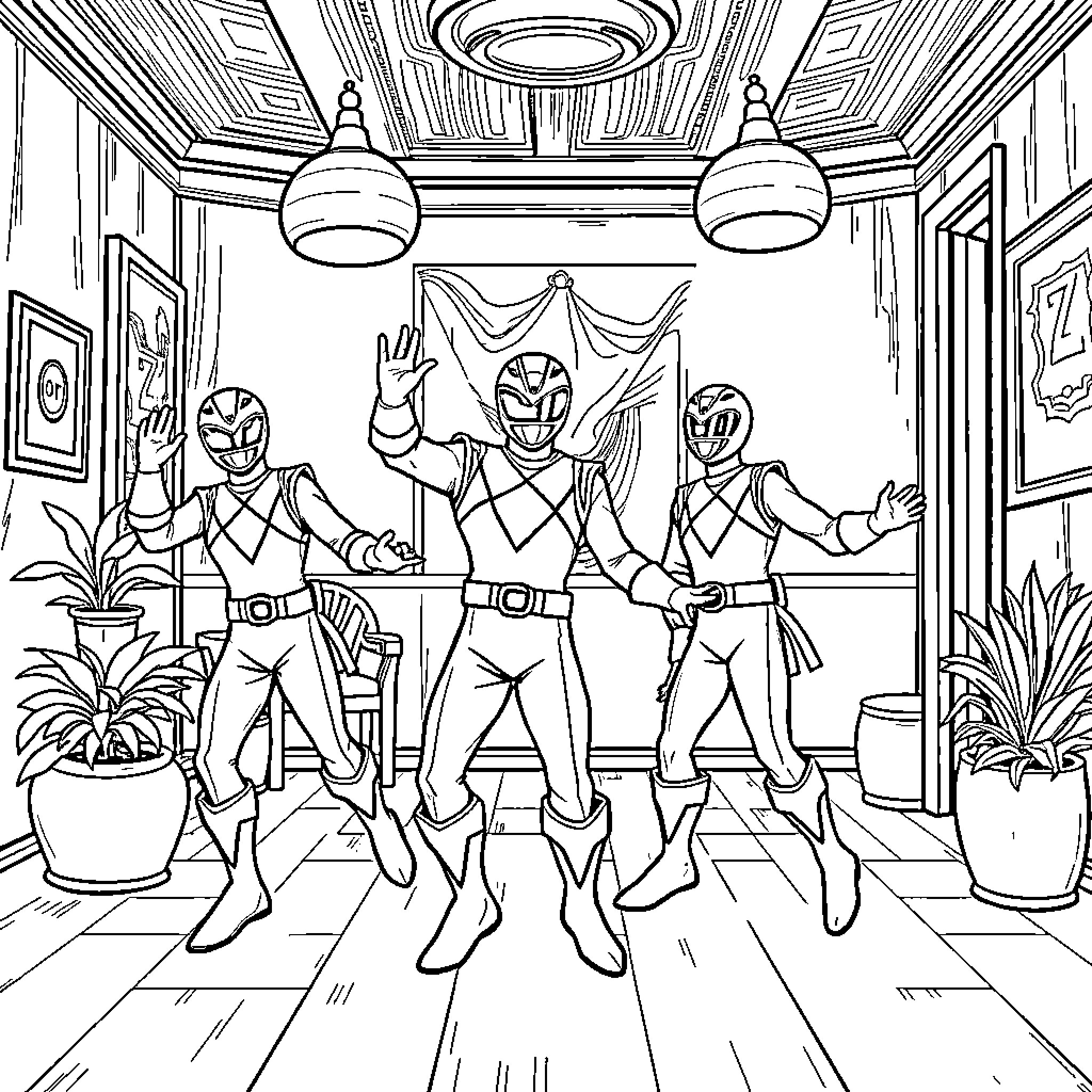 Power Rangers Heroic Pose in Elaborate Setting Coloring Page (free black-and-white line drawing printable PDF for all, from beginners to advanced learners, including children, teens, adults, and seniors)
