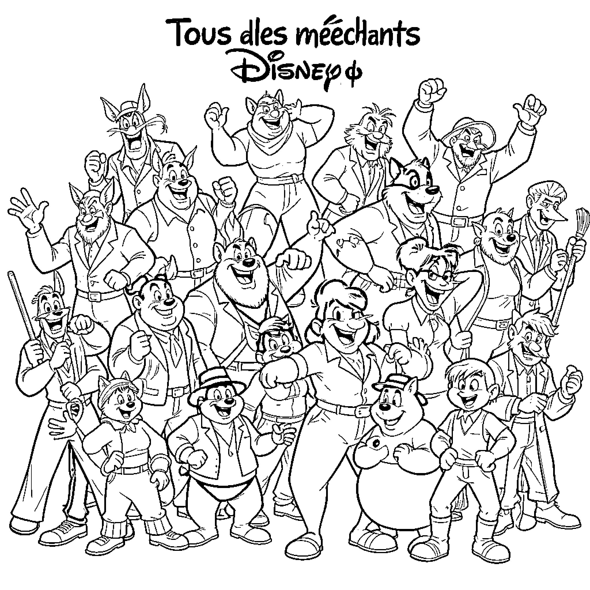 Disney Villain characters posing together in a group scene Coloring Page (free black-and-white line drawing printable PDF for all, from beginners to advanced learners, including children, teens, adults, and seniors)