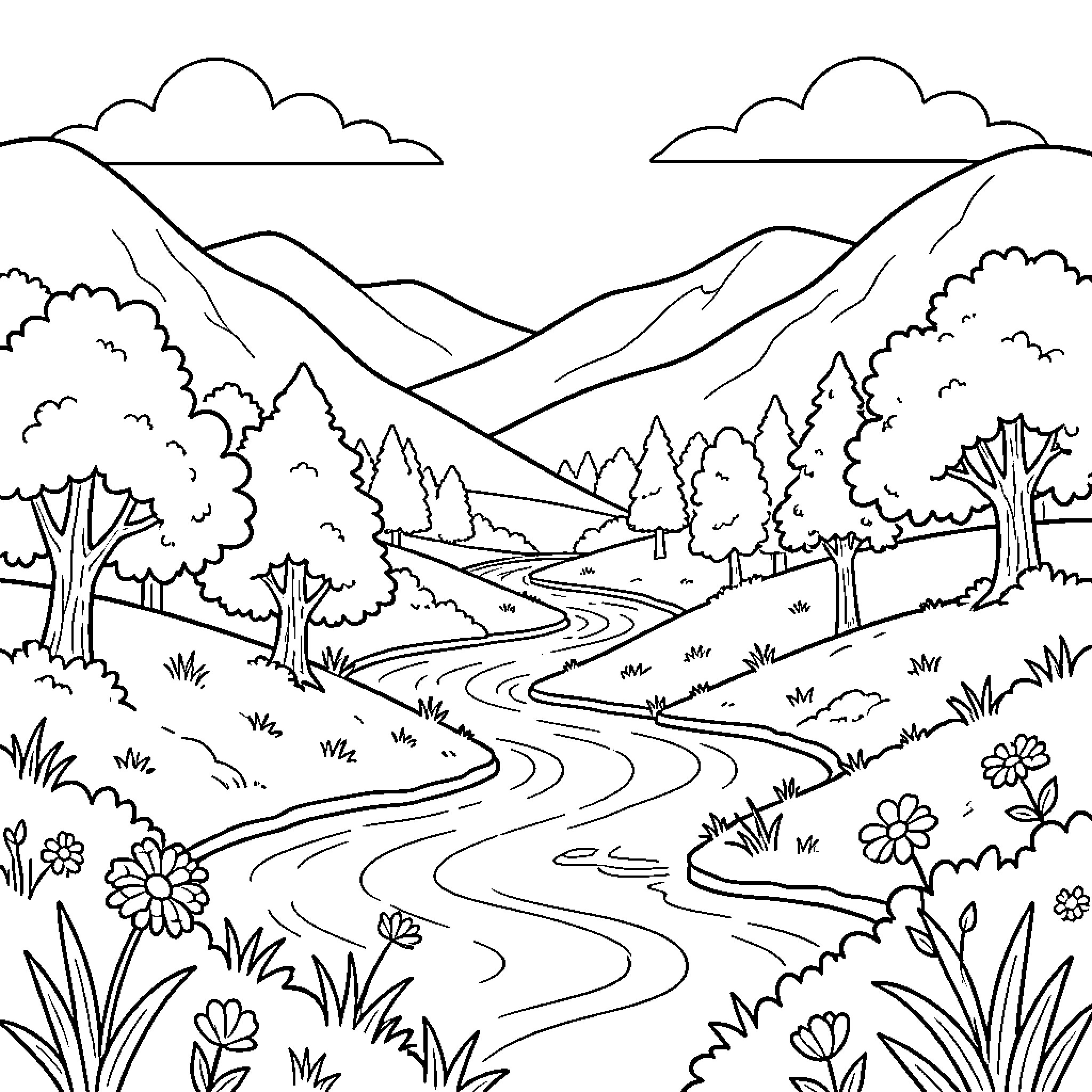 Nature featuring a winding river through a mountain landscape Coloring Page (free black-and-white line drawing printable PDF for all, from beginners to advanced learners, including children, teens, adults, and seniors)