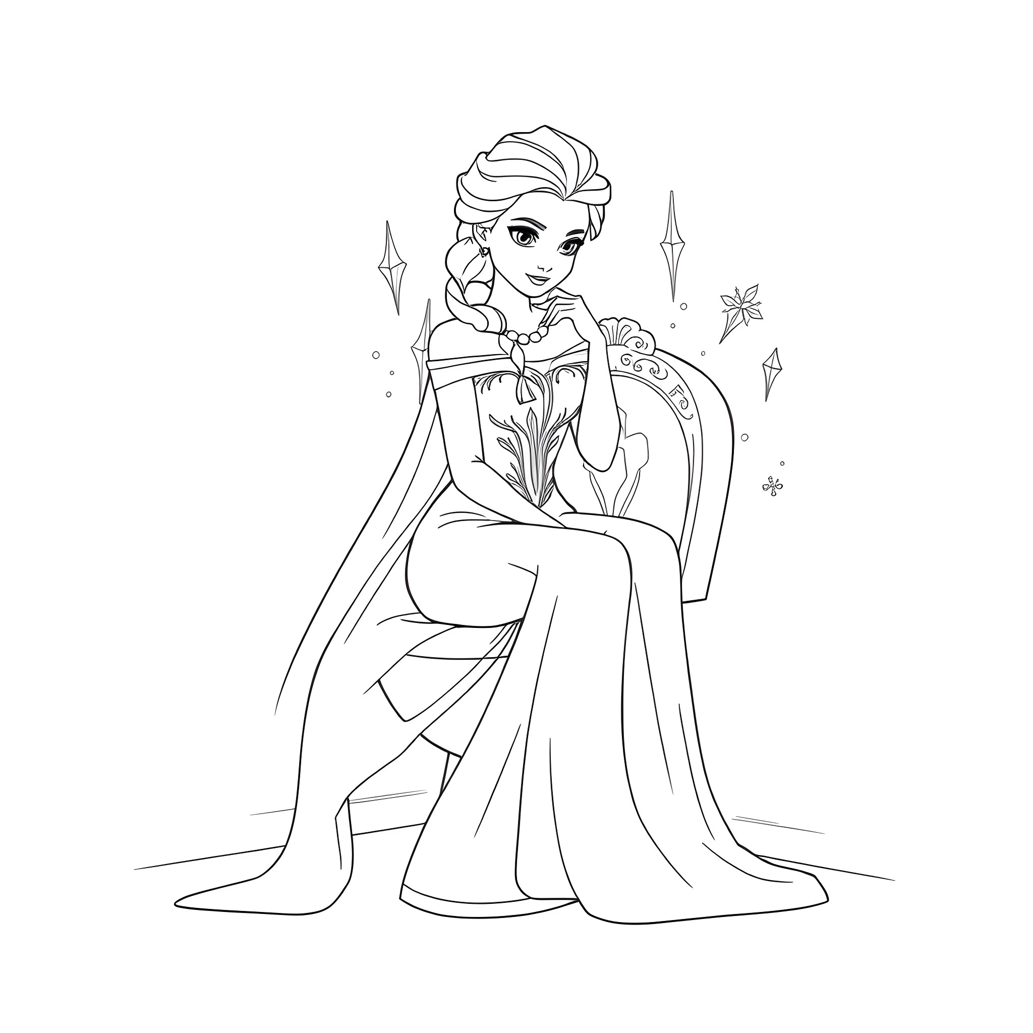 Elsa the Majestic Snow Queen Coloring Page (free black-and-white line drawing printable PDF for all, from beginners to advanced learners, including children, teens, adults, and seniors)