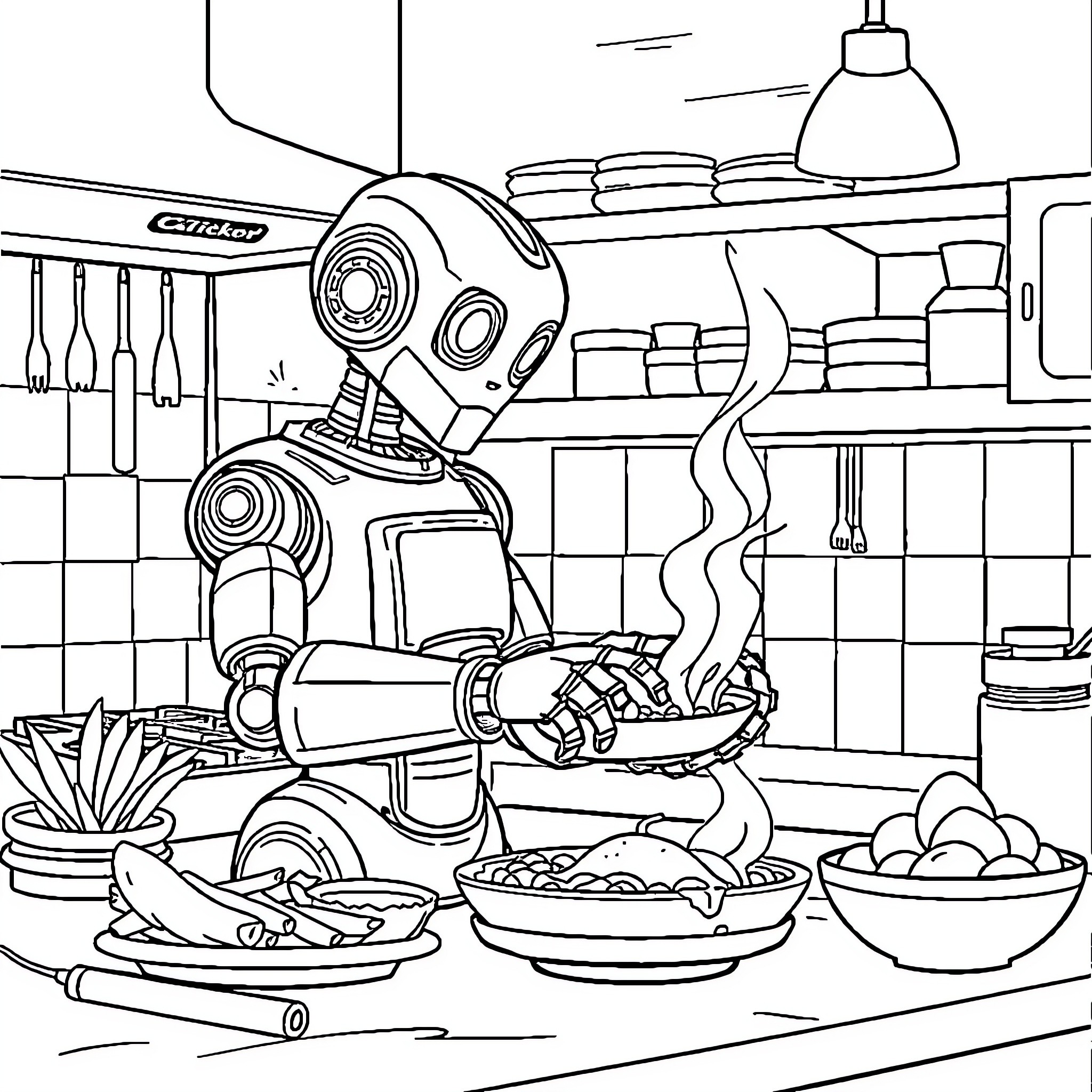 Robot Chef Cooking in the Kitchen Coloring Page (free black-and-white line drawing printable PDF for all, from beginners to advanced learners, including children, teens, adults, and seniors)