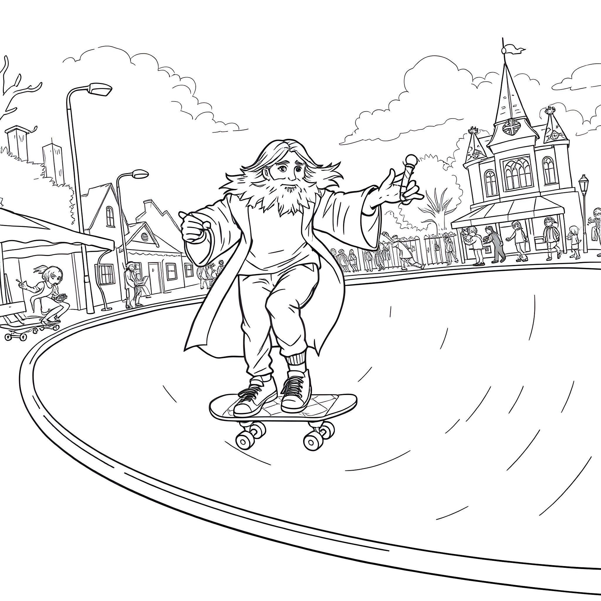 Albus Dumbledore skateboarding through a magical town Coloring Page (free black-and-white line drawing printable PDF for all, from beginners to advanced learners, including children, teens, adults, and seniors)