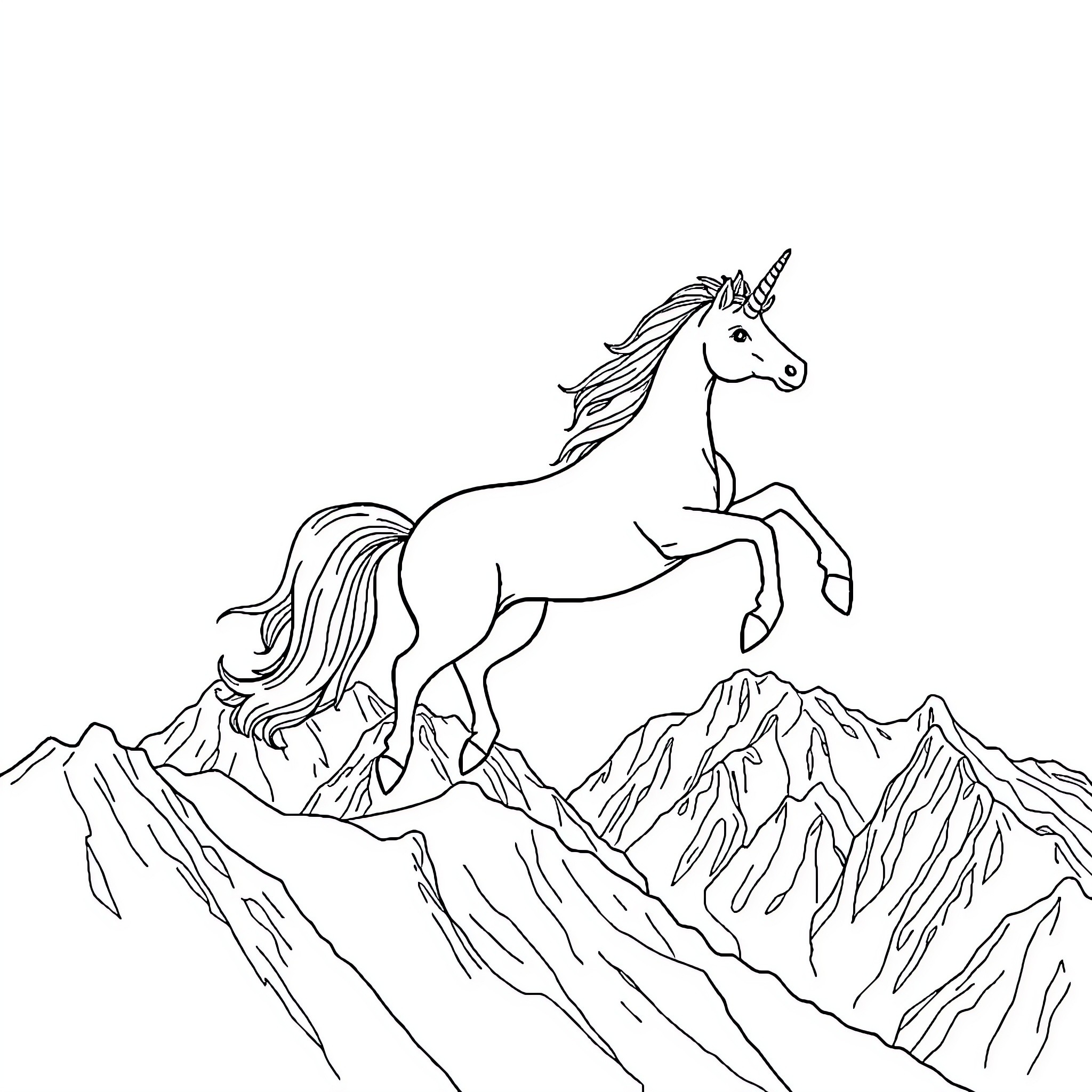 Unicorn galloping through mountainous landscape Coloring Page (free black-and-white line drawing printable PDF for all, from beginners to advanced learners, including children, teens, adults, and seniors)
