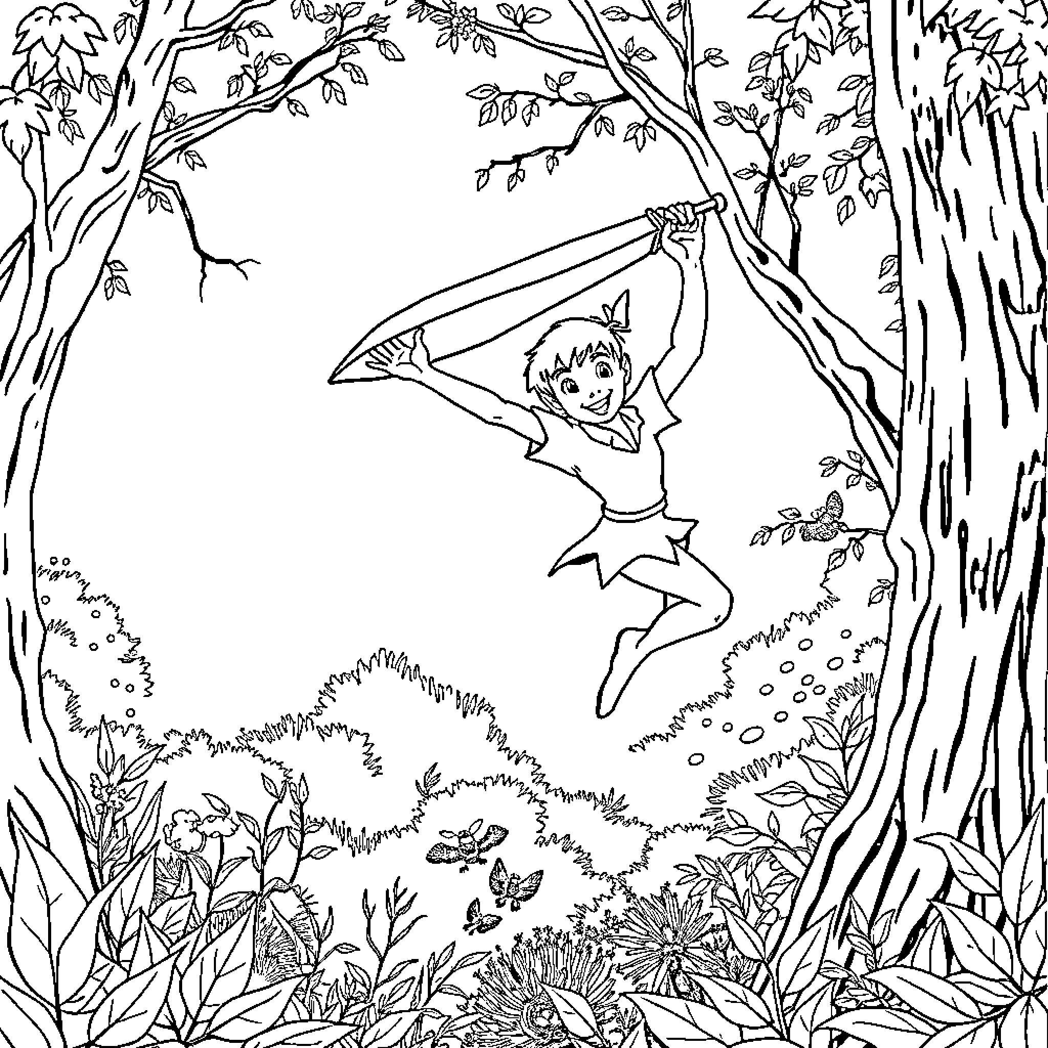 Peter Pan swinging on a vine in the forest Coloring Page (free black-and-white line drawing printable PDF for all, from beginners to advanced learners, including children, teens, adults, and seniors)