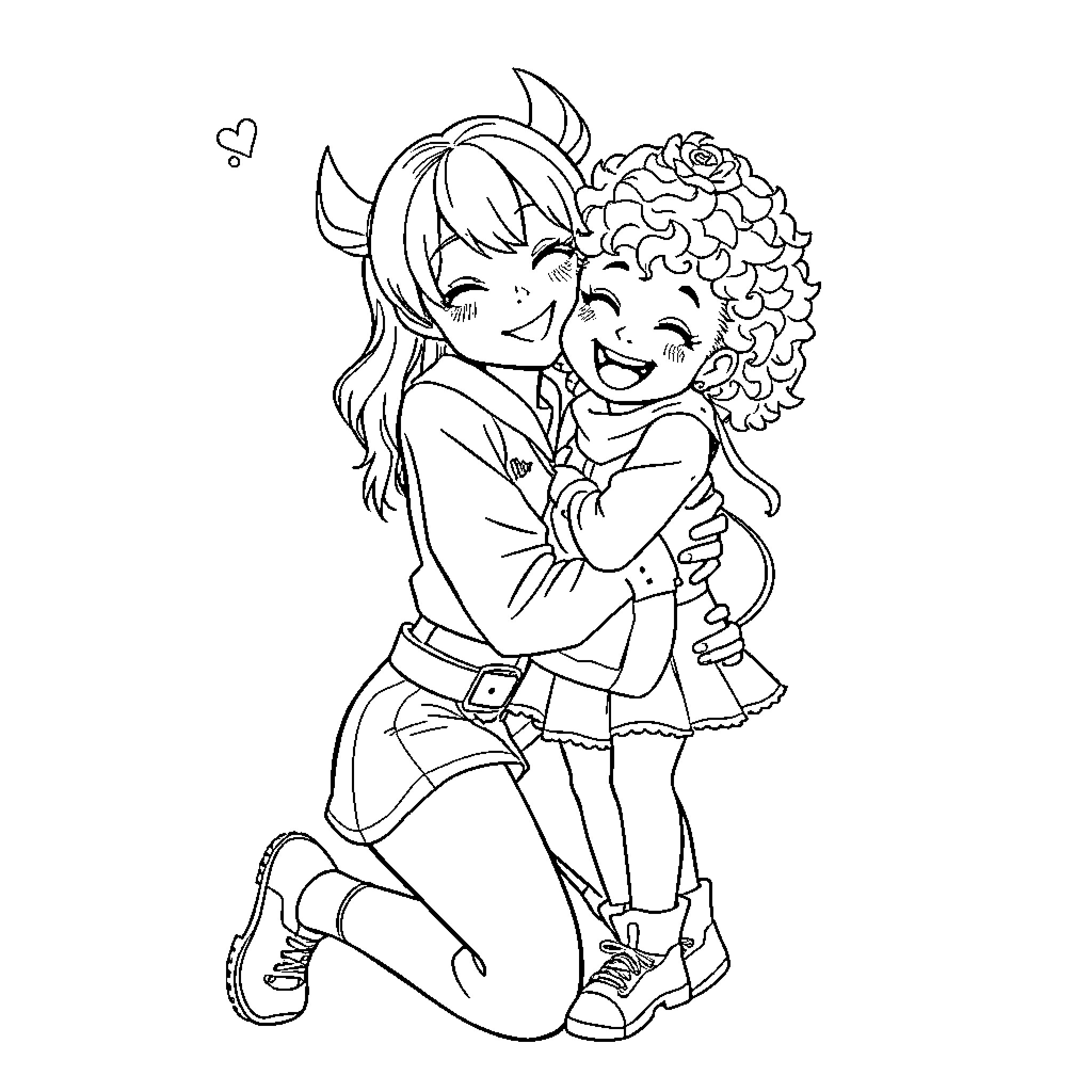 Zoë's Playful Embrace Coloring Page (free black-and-white line drawing printable PDF for all, from beginners to advanced learners, including children, teens, adults, and seniors)