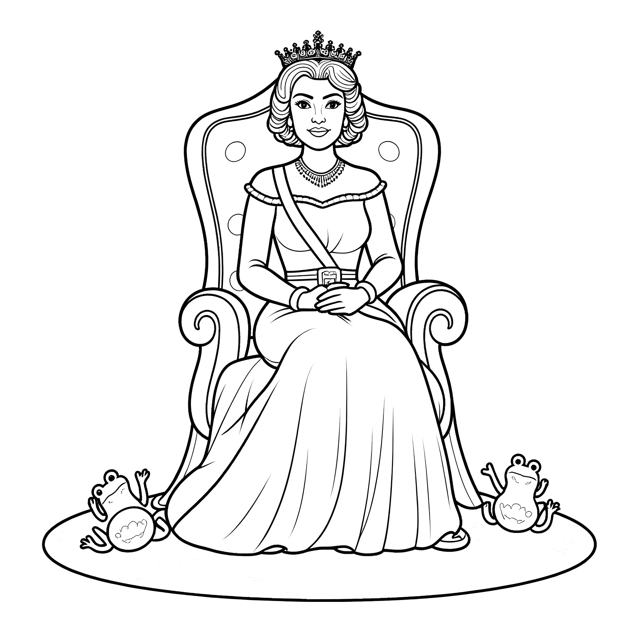 Queen sitting on an ornate throne Coloring Page (free black-and-white line drawing printable PDF for all, from beginners to advanced learners, including children, teens, adults, and seniors)