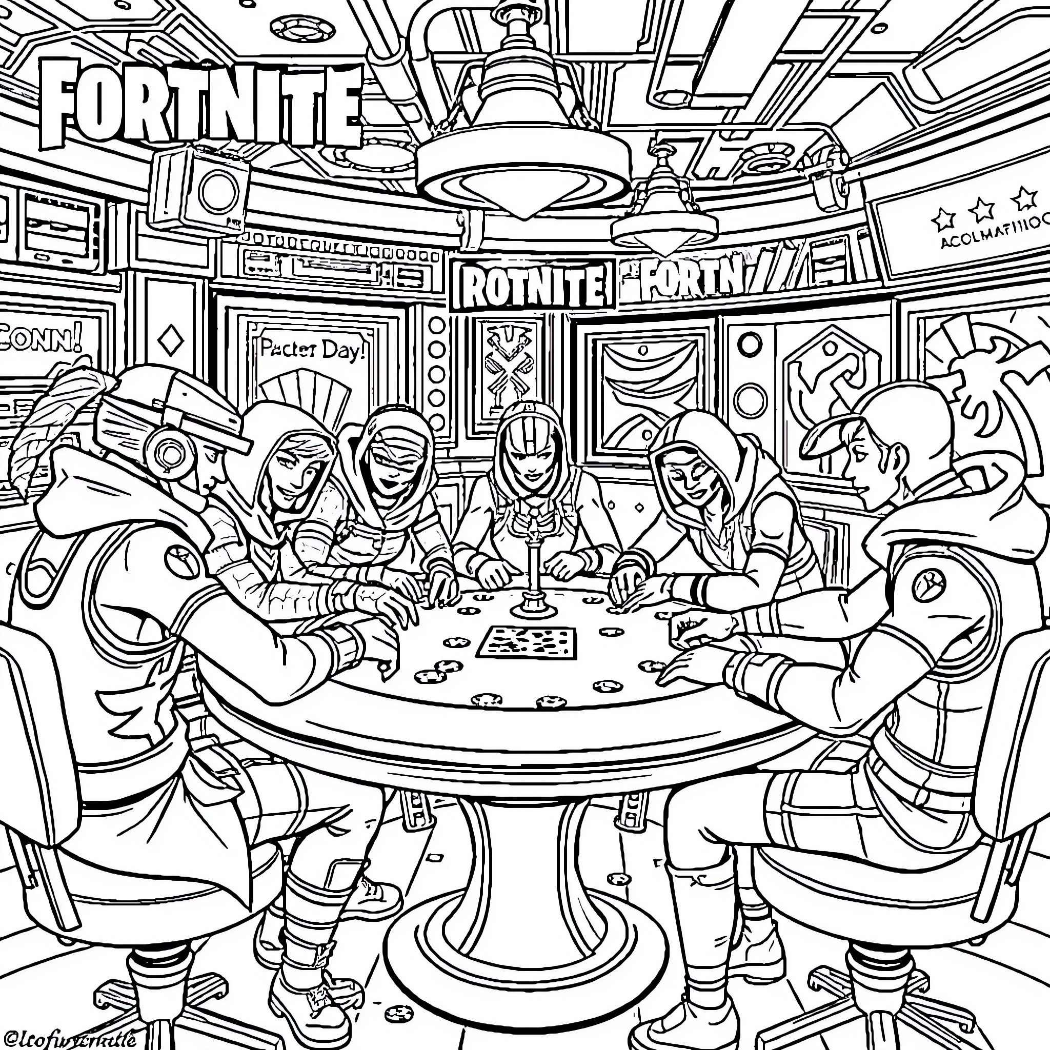Fortnite Character Gathering Around a Table Coloring Page (free black-and-white line drawing printable PDF for all, from beginners to advanced learners, including children, teens, adults, and seniors)