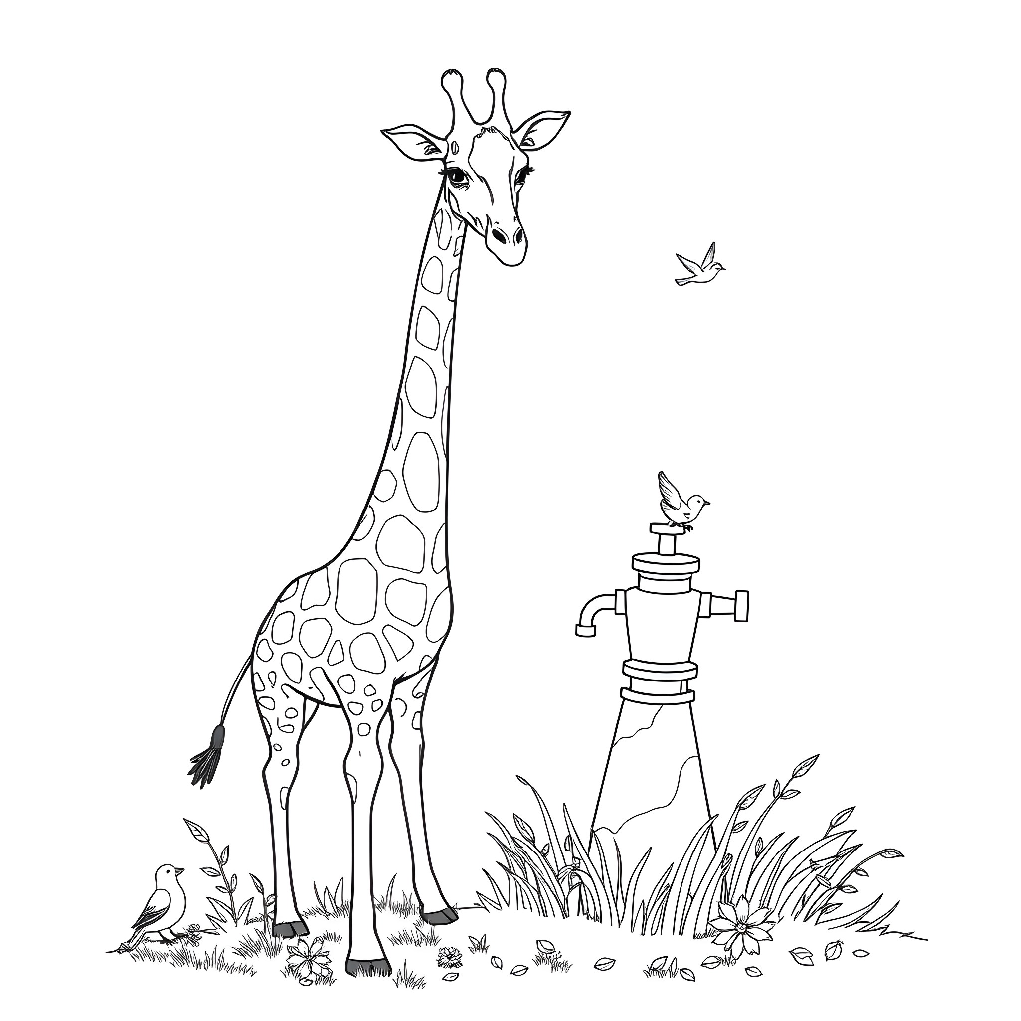 Giraffe standing tall among nature elements Coloring Page (free black-and-white line drawing printable PDF for all, from beginners to advanced learners, including children, teens, adults, and seniors)