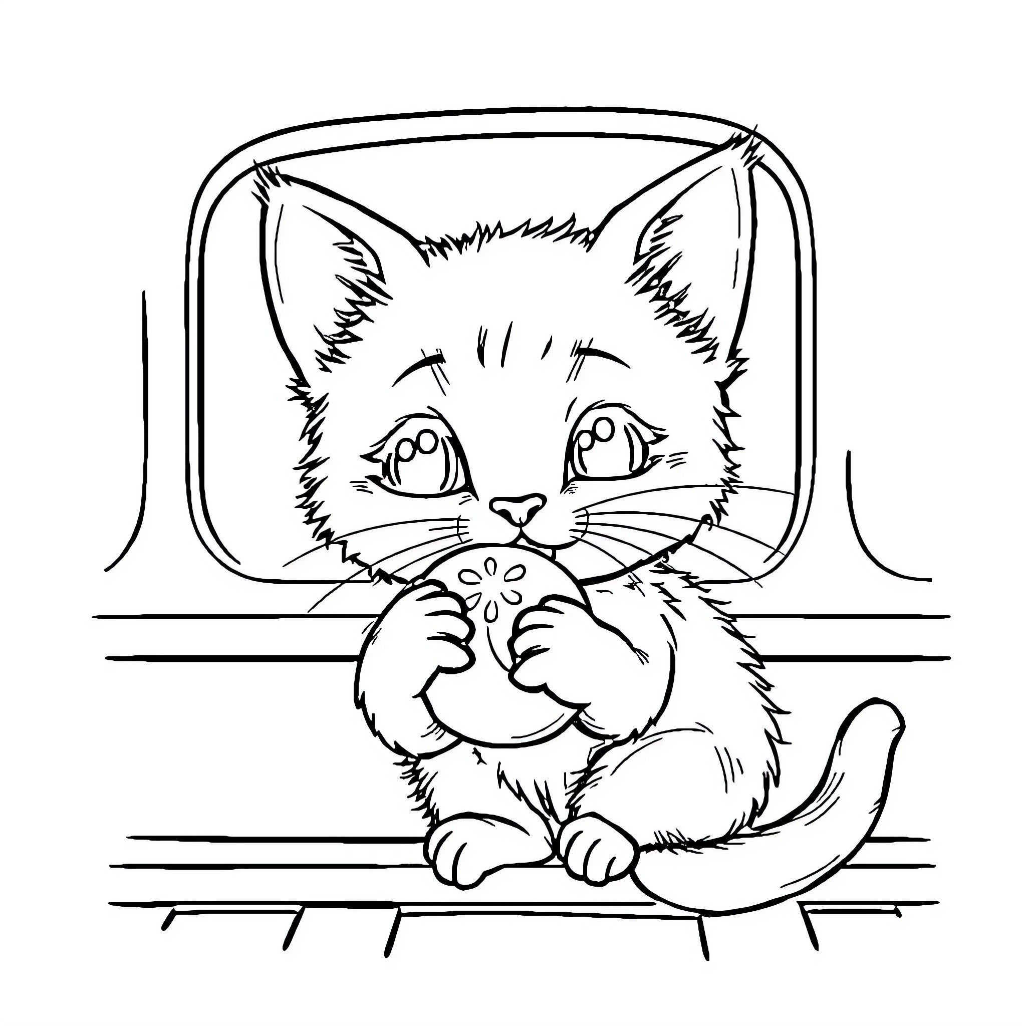 Cat examining a small flower Coloring Page (free black-and-white line drawing printable PDF for all, from beginners to advanced learners, including children, teens, adults, and seniors)