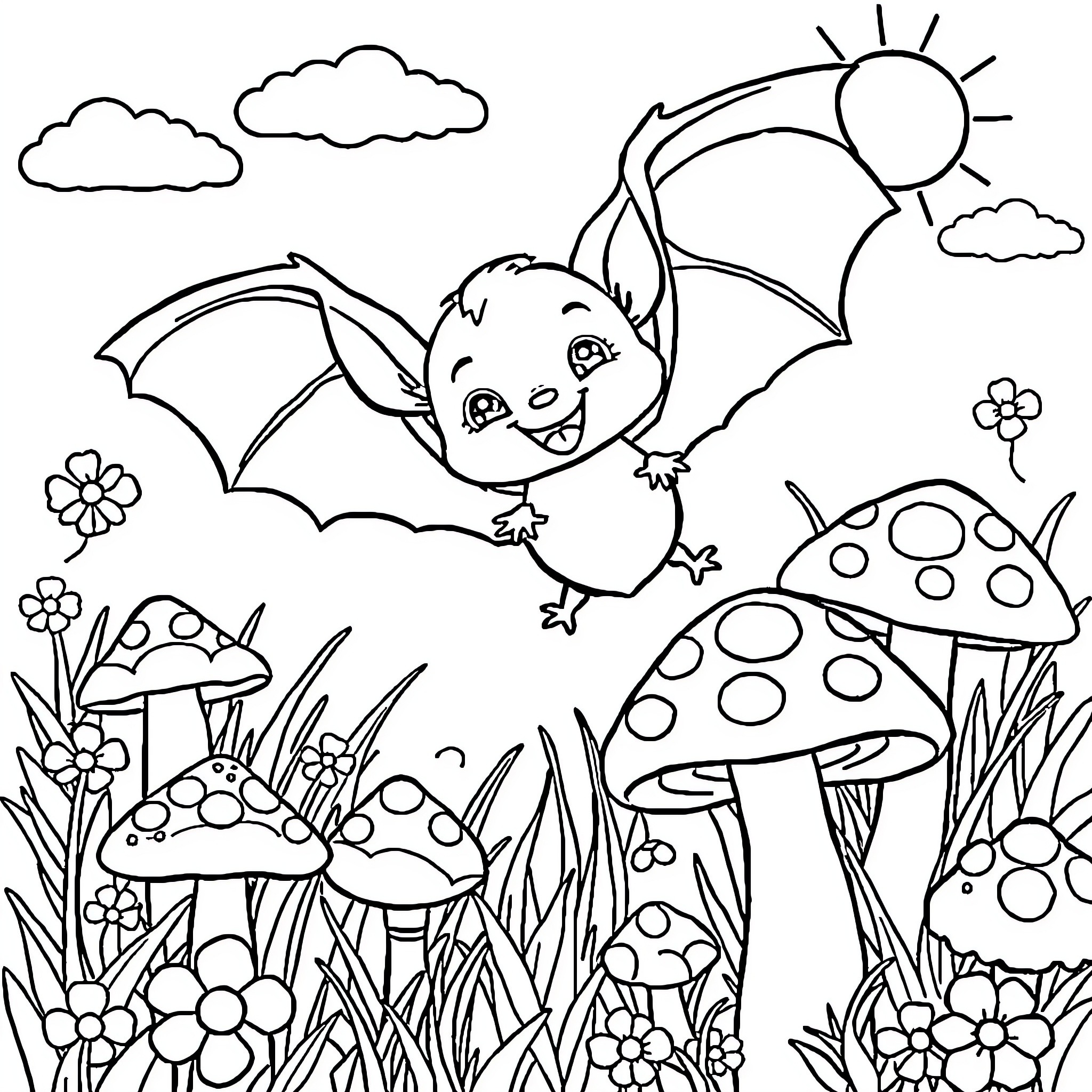 Bat Flying Happily in a Mushroom Garden Coloring Page (free black-and-white line drawing printable PDF for all, from beginners to advanced learners, including children, teens, adults, and seniors)