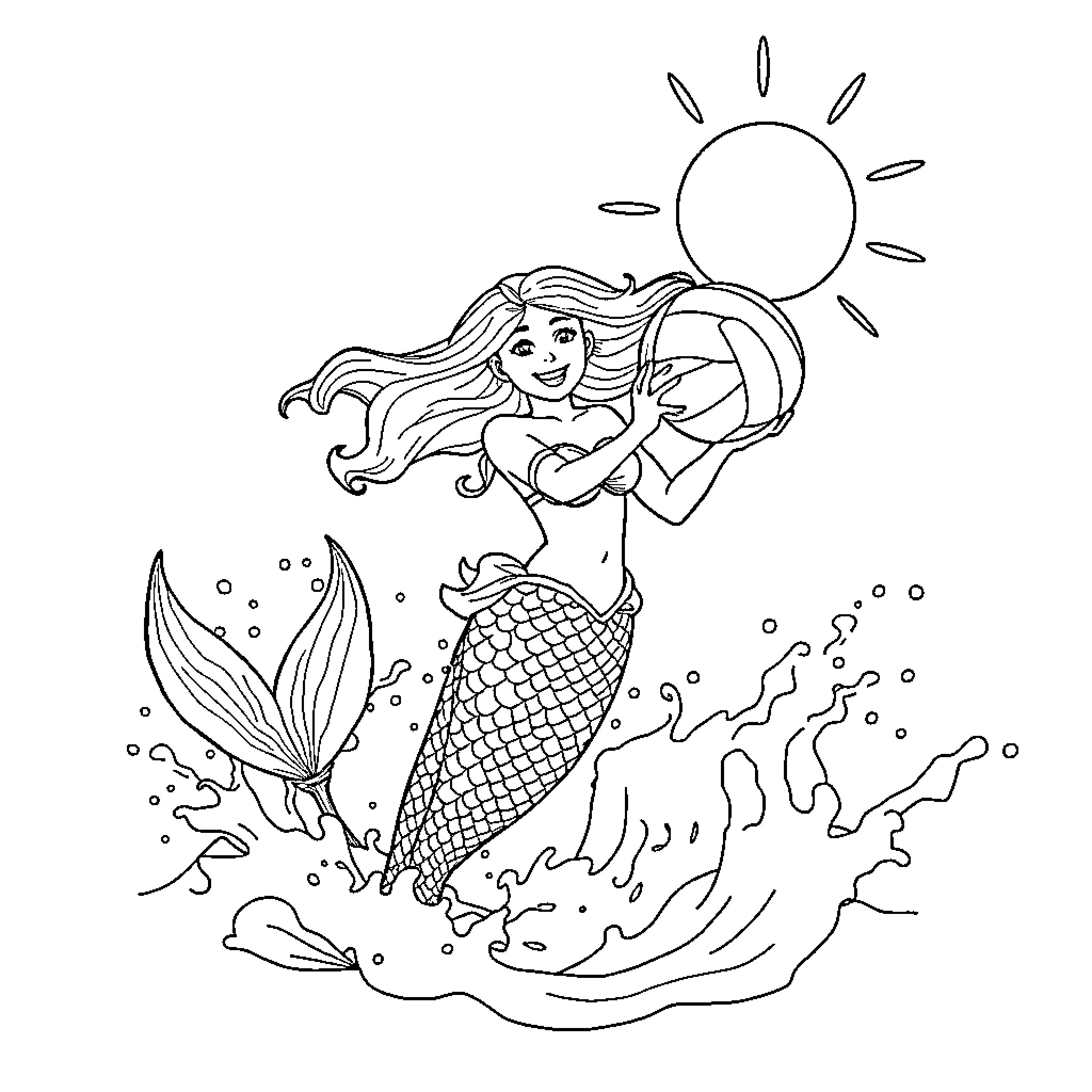 Mermaid dancing joyfully in the ocean Coloring Page (free black-and-white line drawing printable PDF for all, from beginners to advanced learners, including children, teens, adults, and seniors)