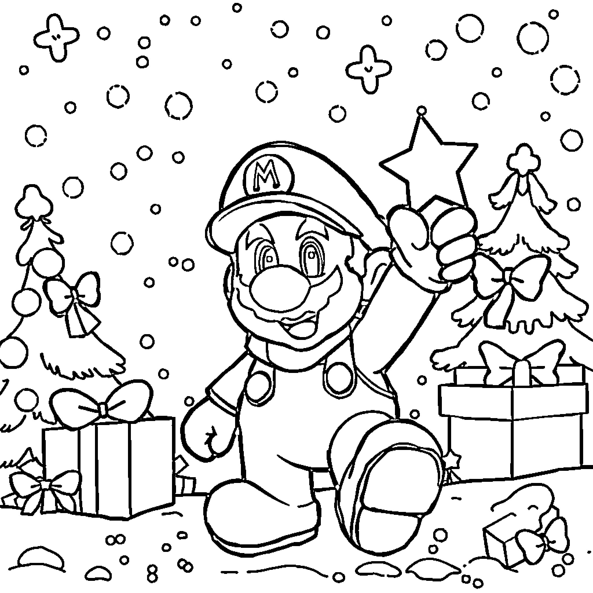 Mario celebrating Christmas with gifts and decorations Coloring Page (free black-and-white line drawing printable PDF for all, from beginners to advanced learners, including children, teens, adults, and seniors)