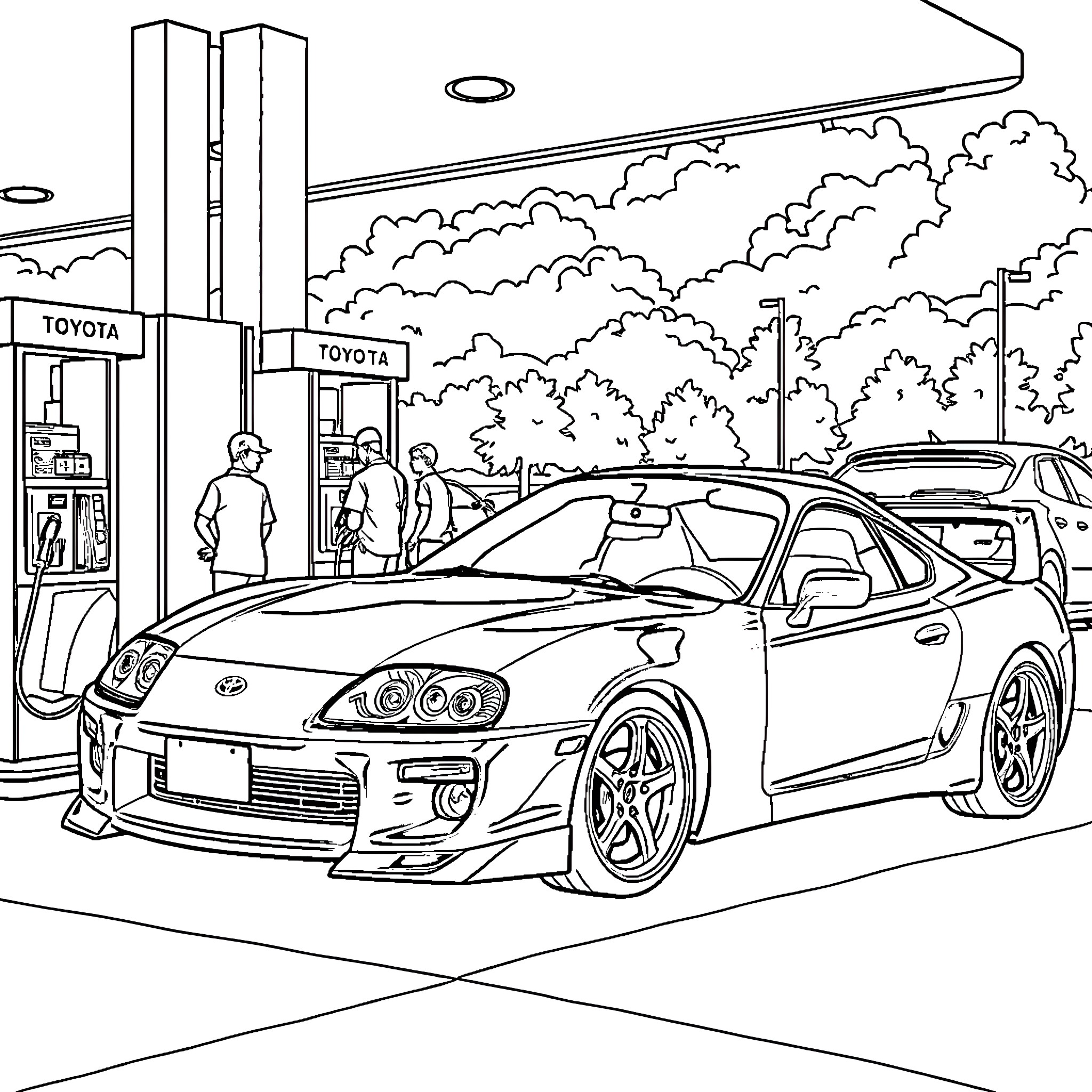 Toyota Sports Car at Fueling Station Coloring Page (free black-and-white line drawing printable PDF for all, from beginners to advanced learners, including children, teens, adults, and seniors)