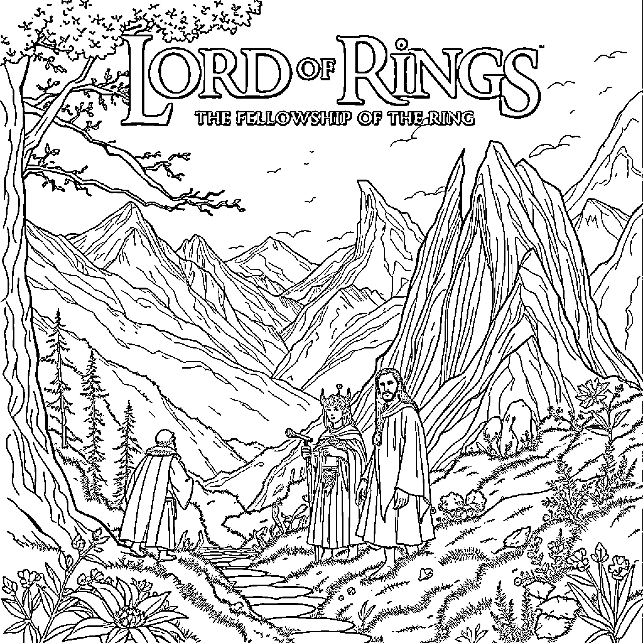 Fellowship of adventurers exploring Middle-earth landscapes Coloring Page (free black-and-white line drawing printable PDF for all, from beginners to advanced learners, including children, teens, adults, and seniors)