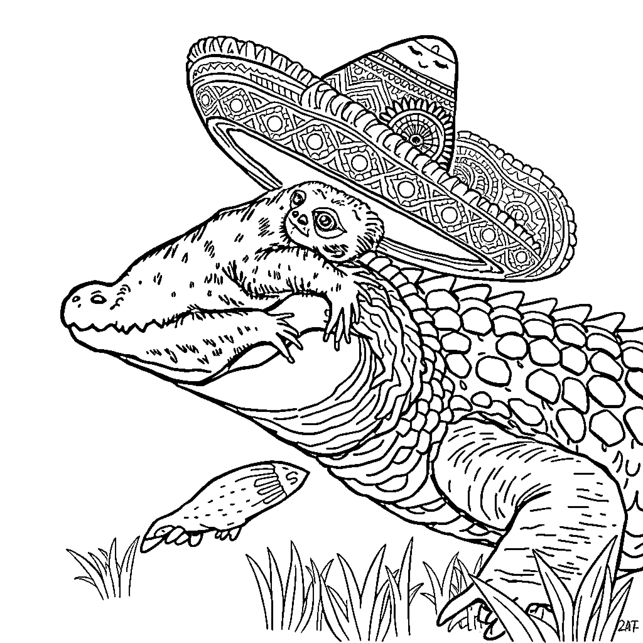 Sloth wearing patterned sombrero in natural setting Coloring Page (free black-and-white line drawing printable PDF for all, from beginners to advanced learners, including children, teens, adults, and seniors)