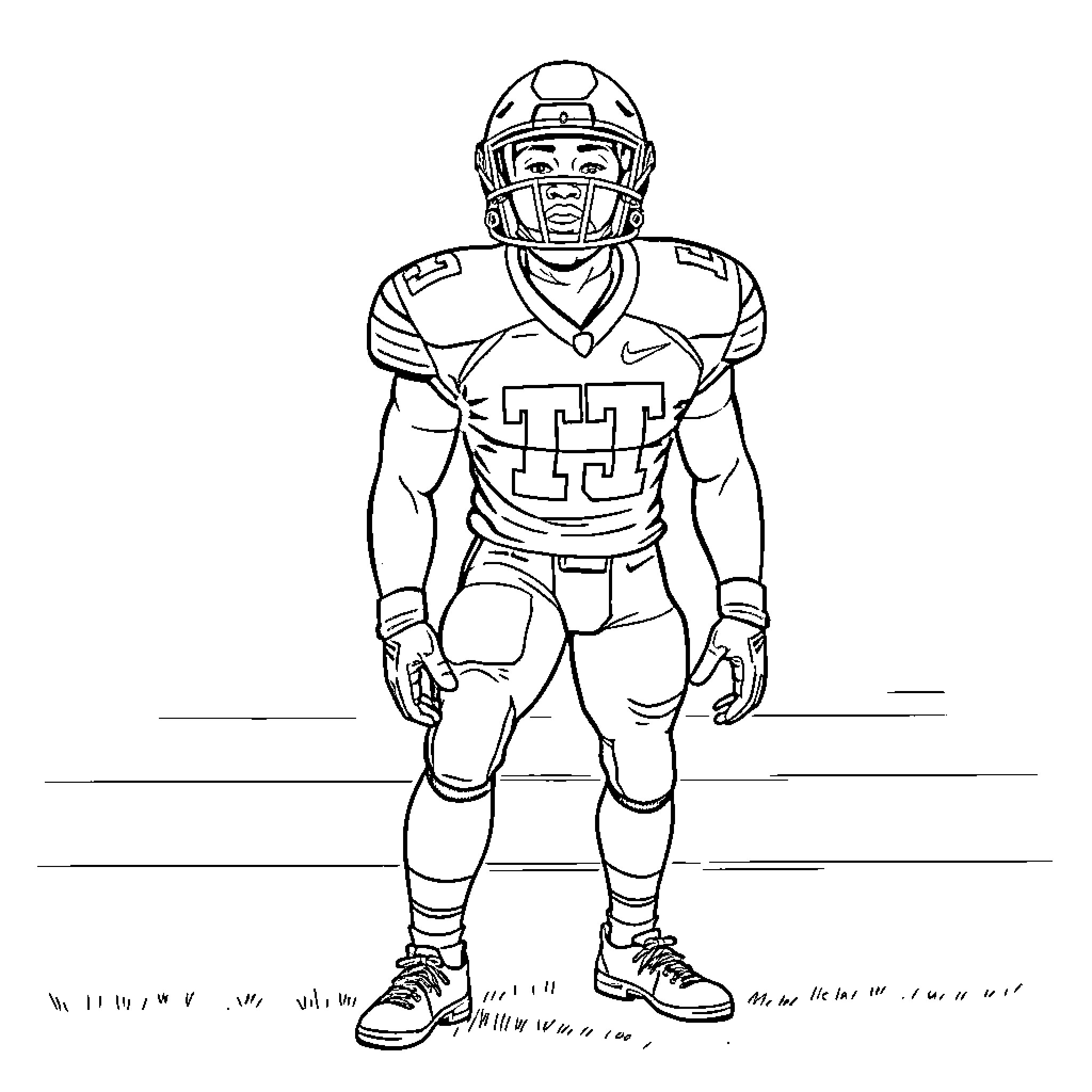 Jahdae Barron in uniform playing football Coloring Page (free black-and-white line drawing printable PDF for all, from beginners to advanced learners, including children, teens, adults, and seniors)
