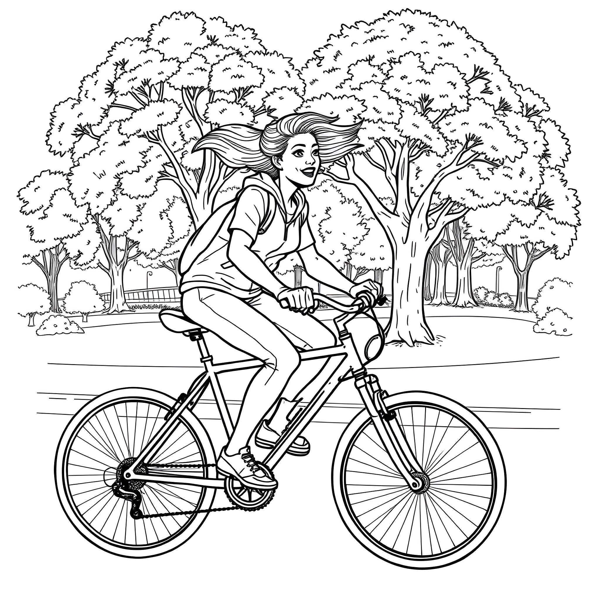 Character Riding Bicycle in Scenic Park Coloring Page (free black-and-white line drawing printable PDF for all, from beginners to advanced learners, including children, teens, adults, and seniors)
