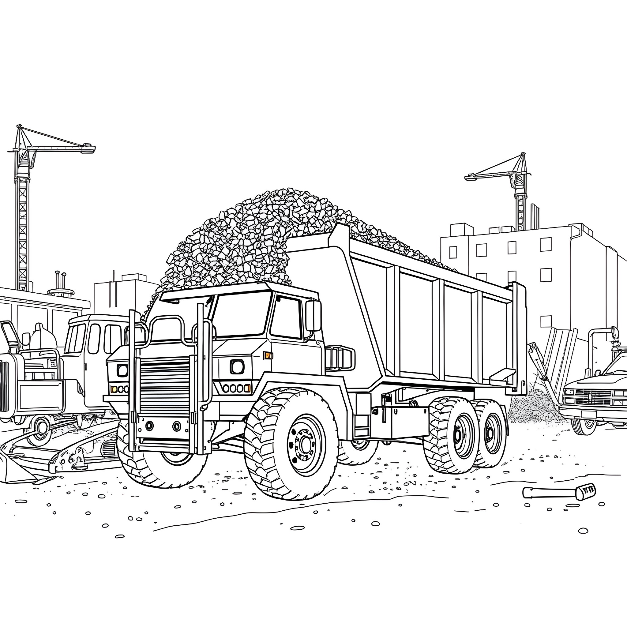 Dump Trailer Transporting Construction Materials on Site Coloring Page (free black-and-white line drawing printable PDF for all, from beginners to advanced learners, including children, teens, adults, and seniors)